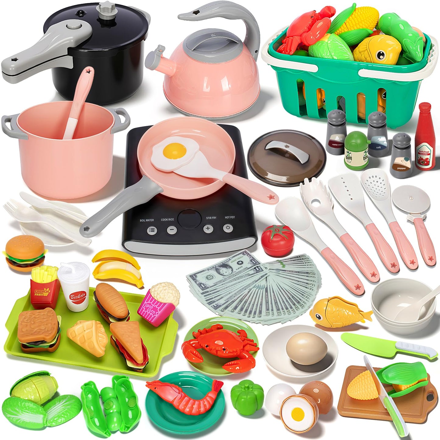Bstoyder 168-Pcs Kids Play Kitchen Set with Induction Cooktop – Pretend Cooking & Money Play