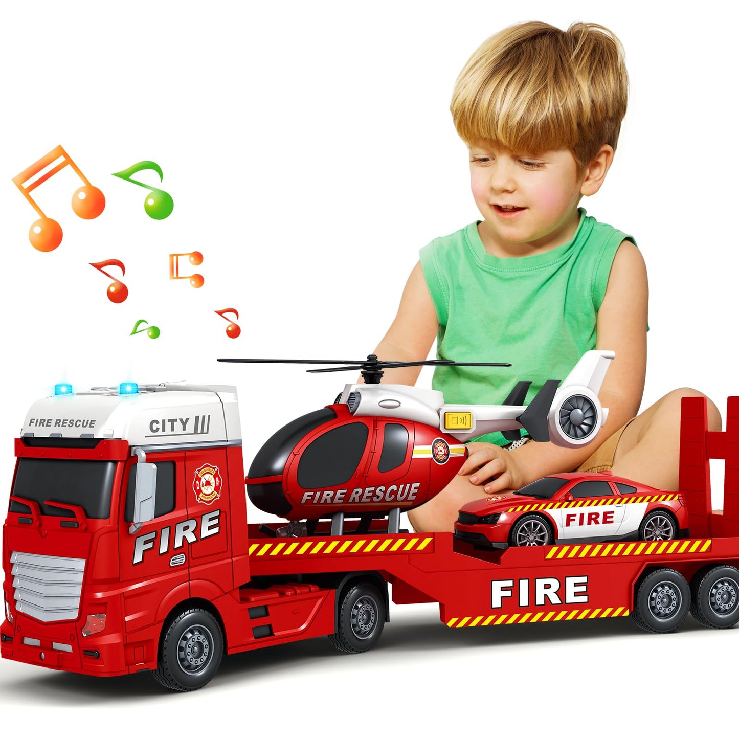 Bstoyder 25-Inch 3-in-1 Fire Truck Toy with Helicopter & Racing Car