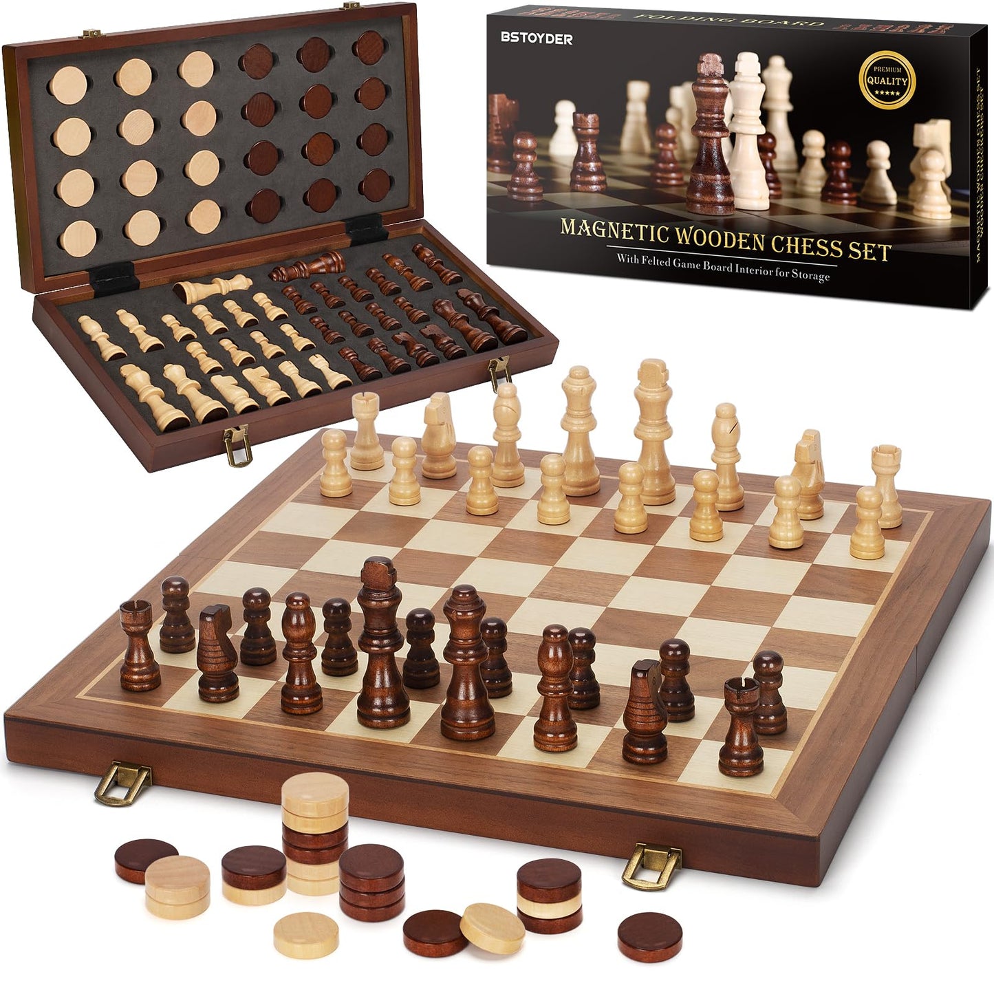 BSTOYDER 2-in-1 Magnetic Wooden Chess & Checkers Set – 15-inch Folding Travel Board with 2 Extra Queens