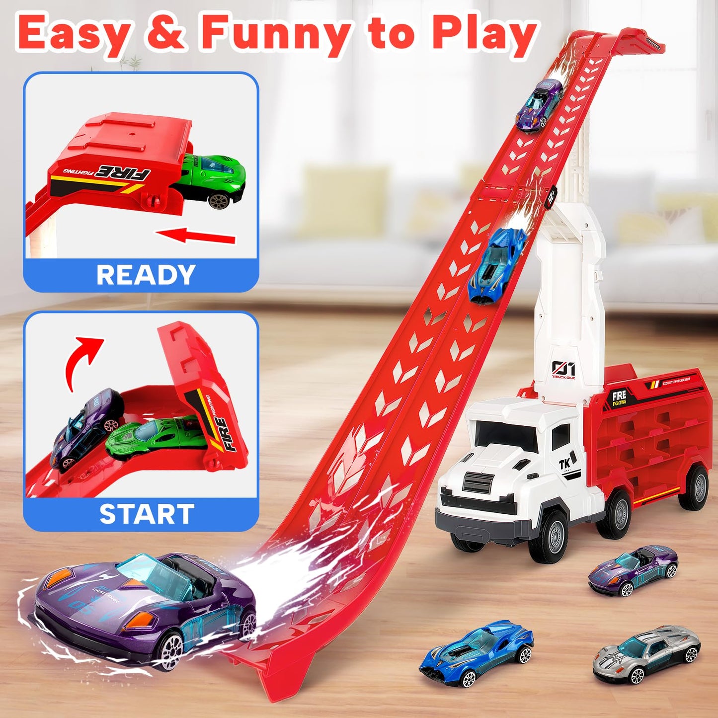 Bstoyder Carrier Truck Race Track Toy for Kids 3-8 | Foldable 2-Layer Playset with 25-In Race Track and 6 Metal Cars