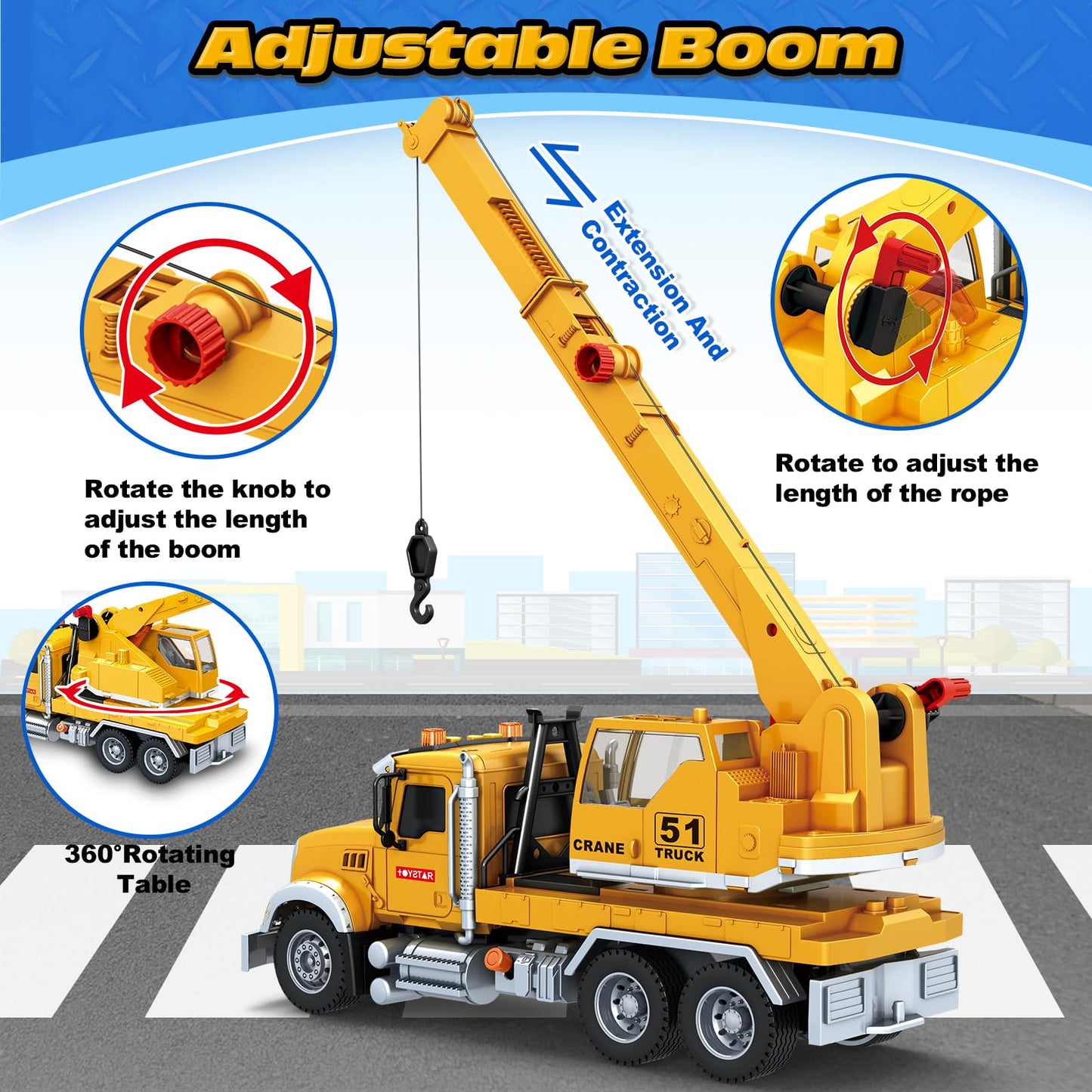 Bstoyder Crane Truck Toy with Lights & Sounds – Friction-Powered 14-Inch Vehicle for Kids 3-8