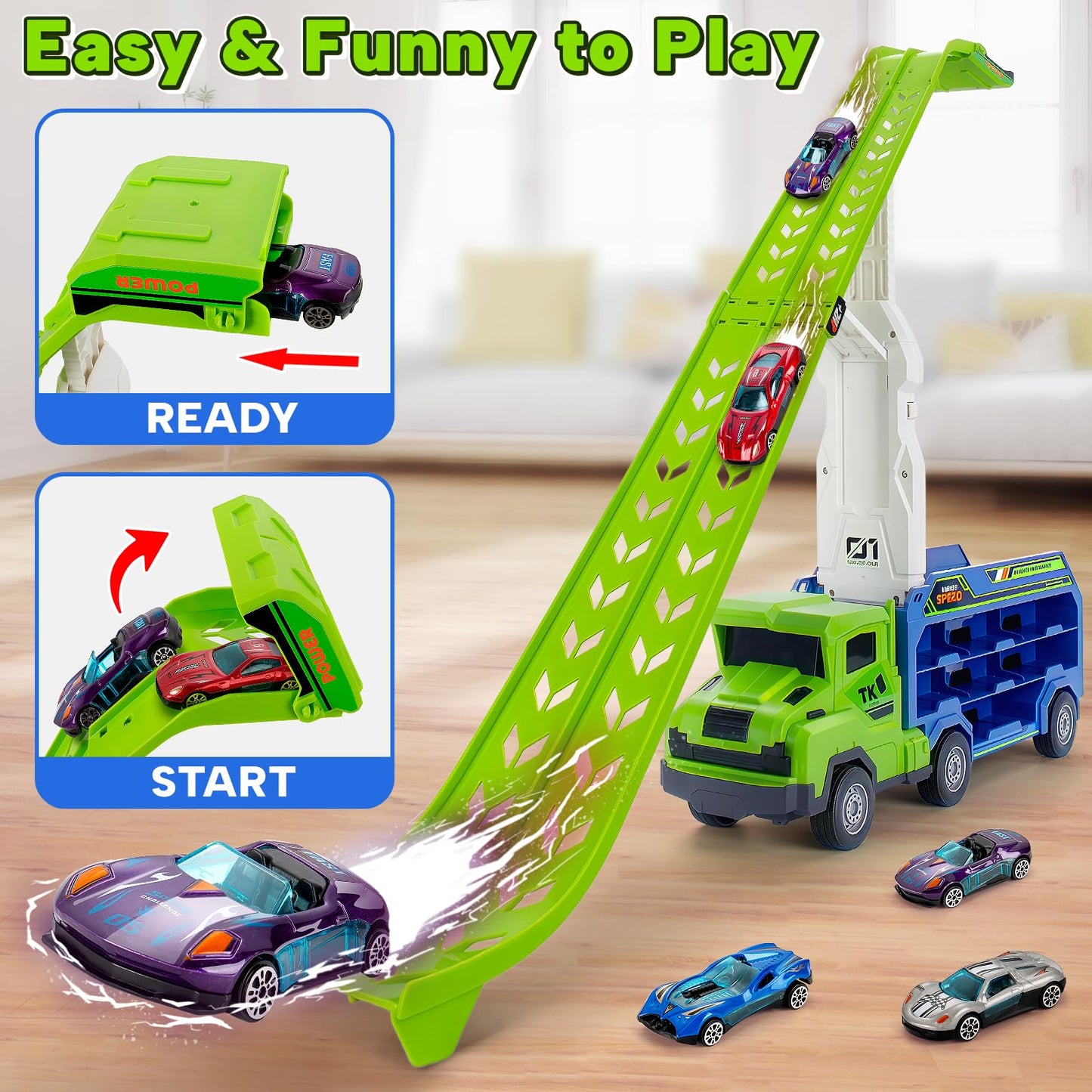 Bstoyder Car Carrier Truck Toy Set with Foldable Race Track & 6 Metal Cars