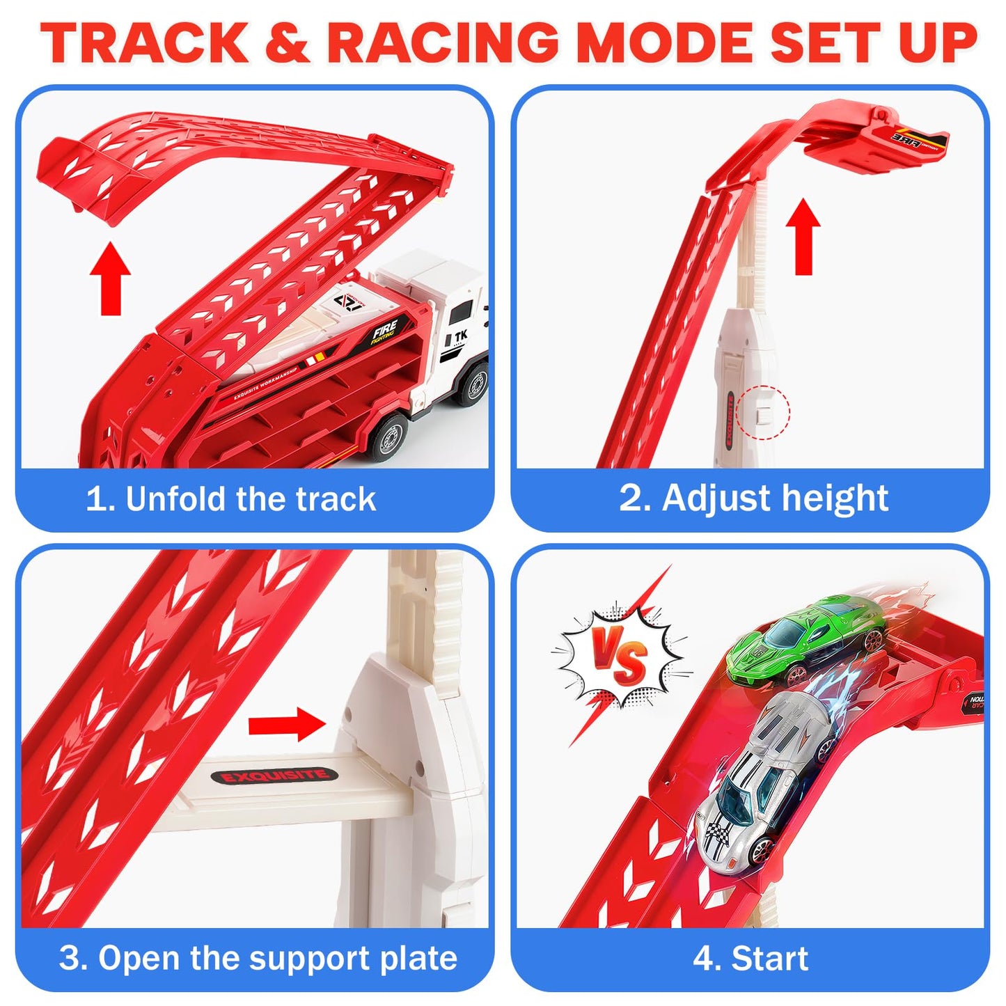 Bstoyder Carrier Truck Race Track Toy for Kids 3-8 | Foldable 2-Layer Playset with 25-In Race Track and 6 Metal Cars