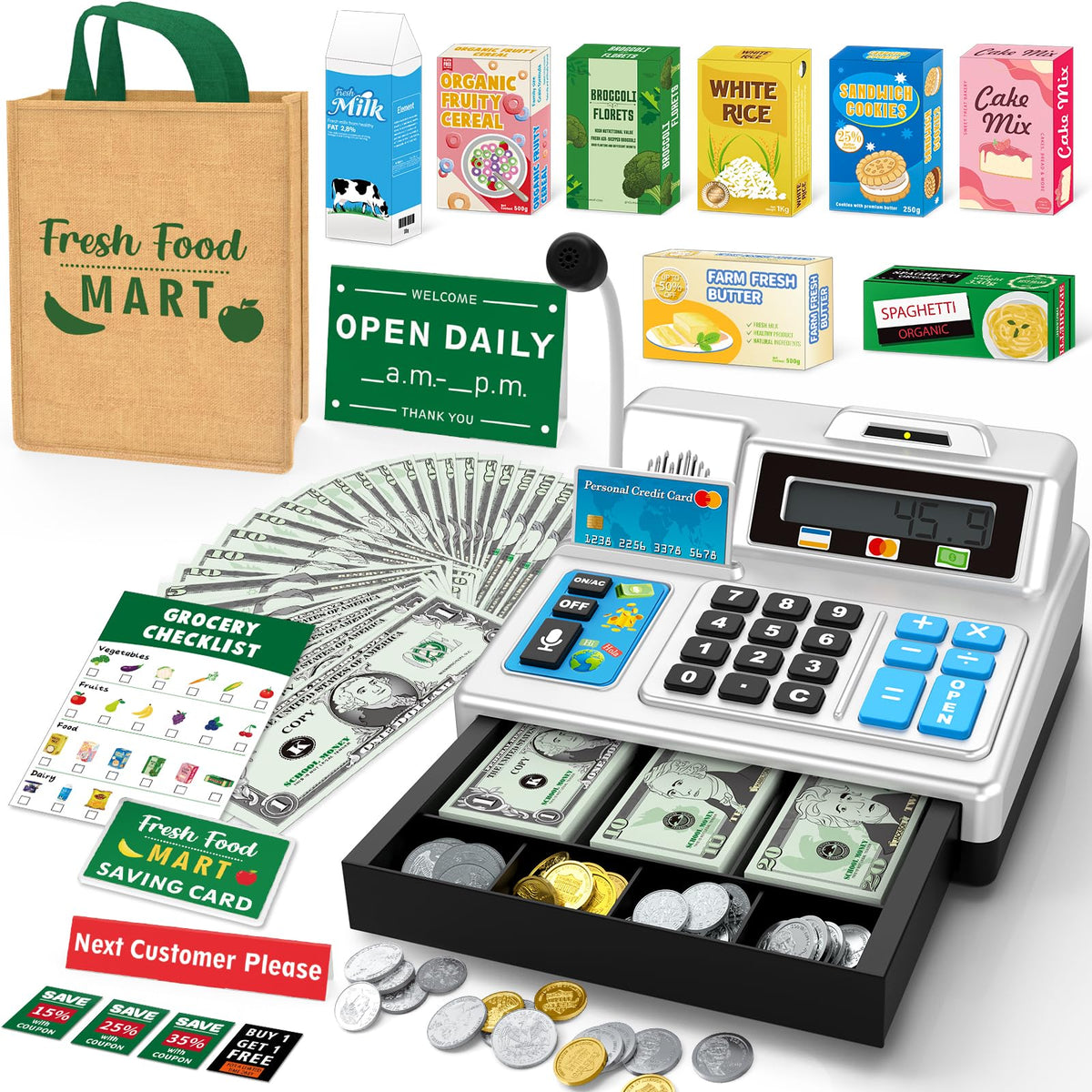 Bstoyder Calculator Cash Register Toy – 120-Piece Grocery Store Playset for Kids 3-8 (Silvery)