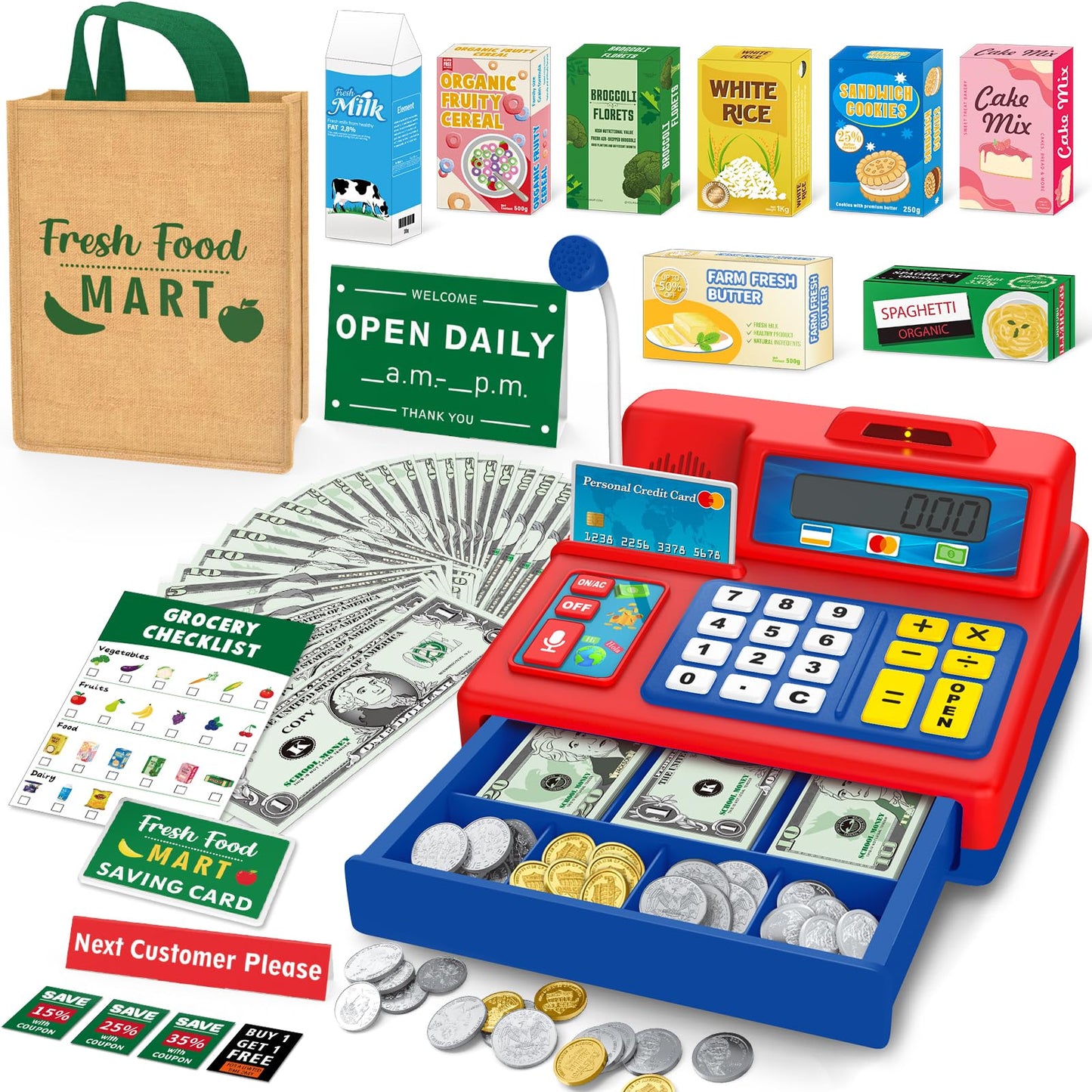 Bstoyder Calculator Cash Register Toy – 120-Piece Grocery Store Playset for Kids Aged 3-8