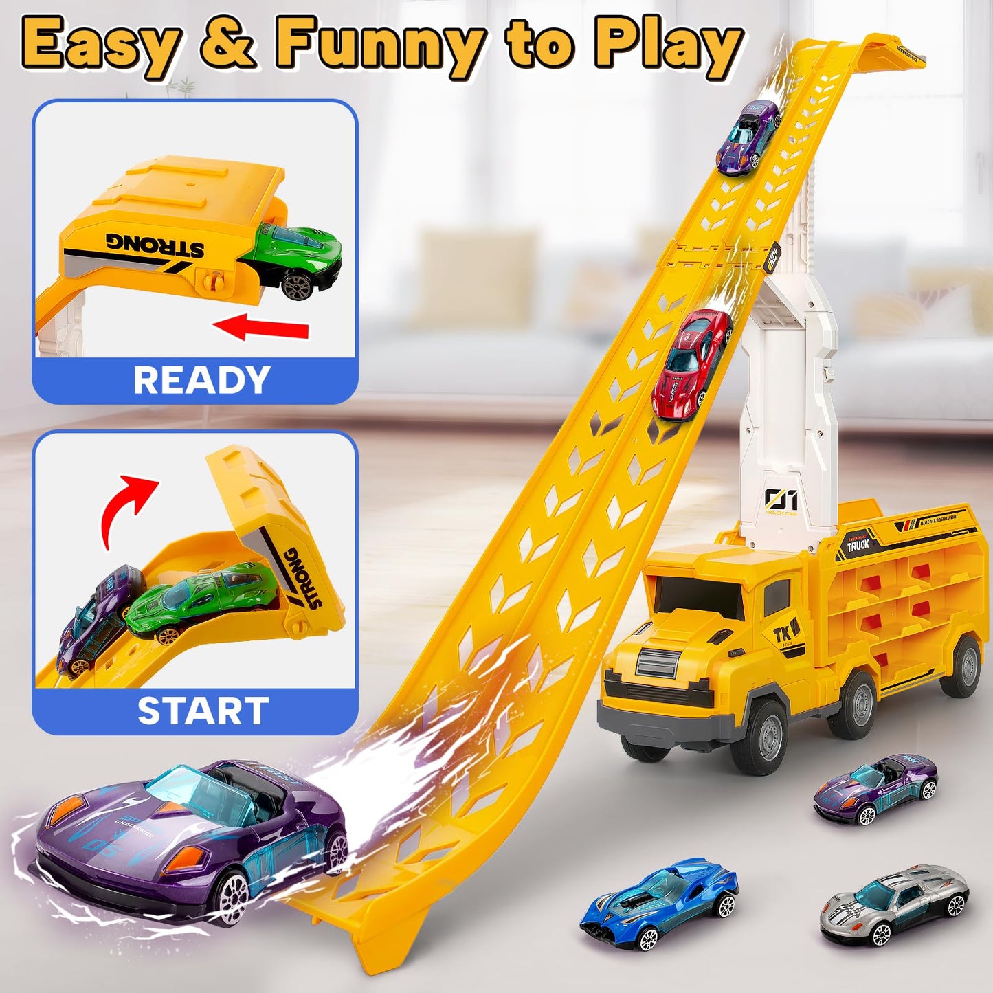 BSTOYDER Kids Carrier Truck with Foldable 2-Layer Race Track – 6 Cars, 46-Inch Track (Yellow)