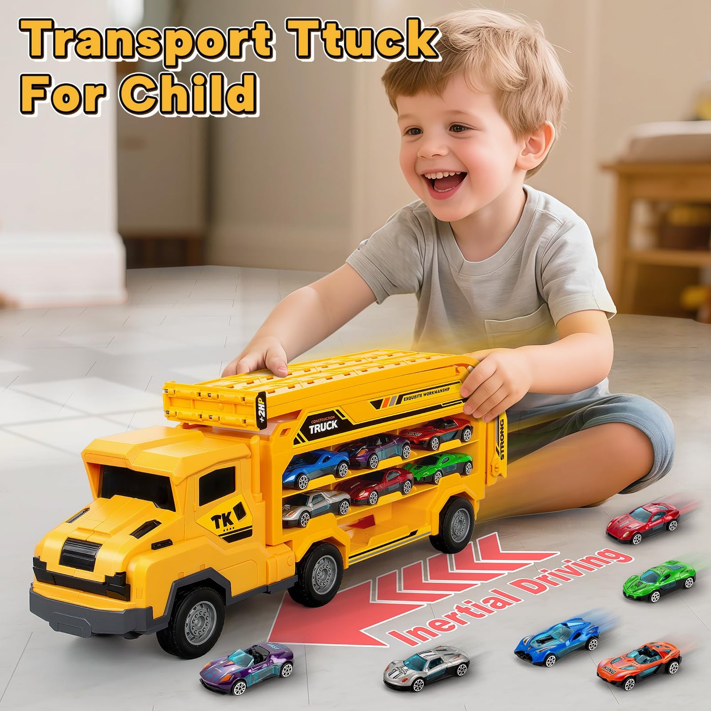 BSTOYDER Kids Carrier Truck with Foldable 2-Layer Race Track – 6 Cars, 46-Inch Track (Yellow)