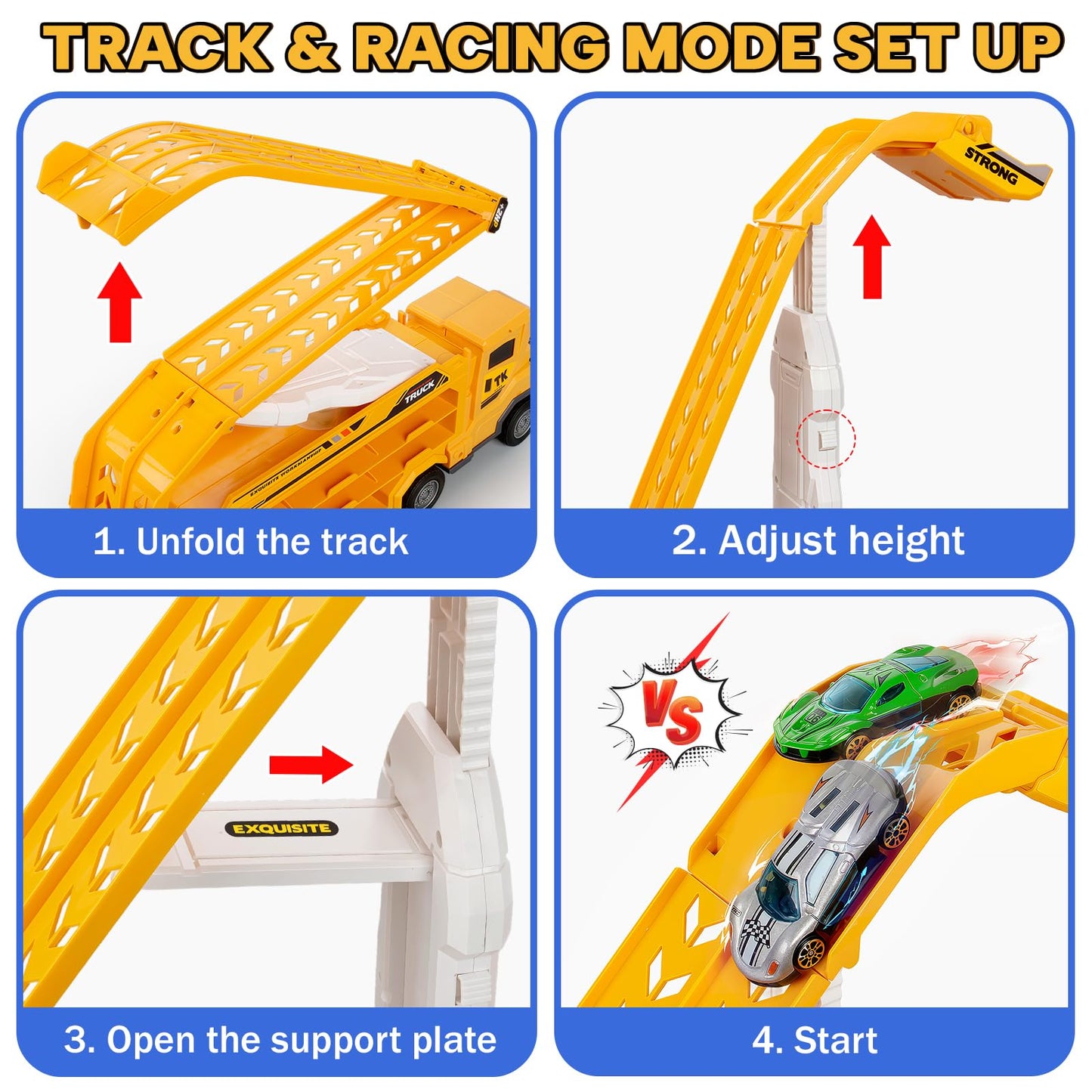 BSTOYDER Kids Carrier Truck with Foldable 2-Layer Race Track – 6 Cars, 46-Inch Track (Yellow)