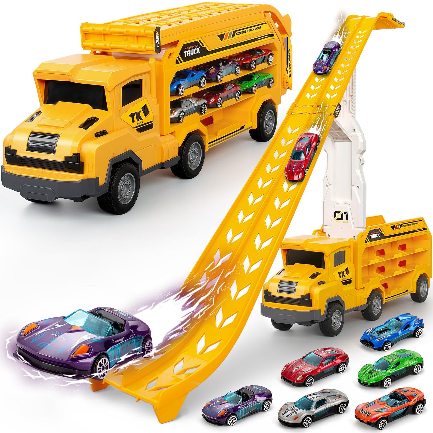 BSTOYDER Kids Carrier Truck with Foldable 2-Layer Race Track – 6 Cars, 46-Inch Track (Yellow)