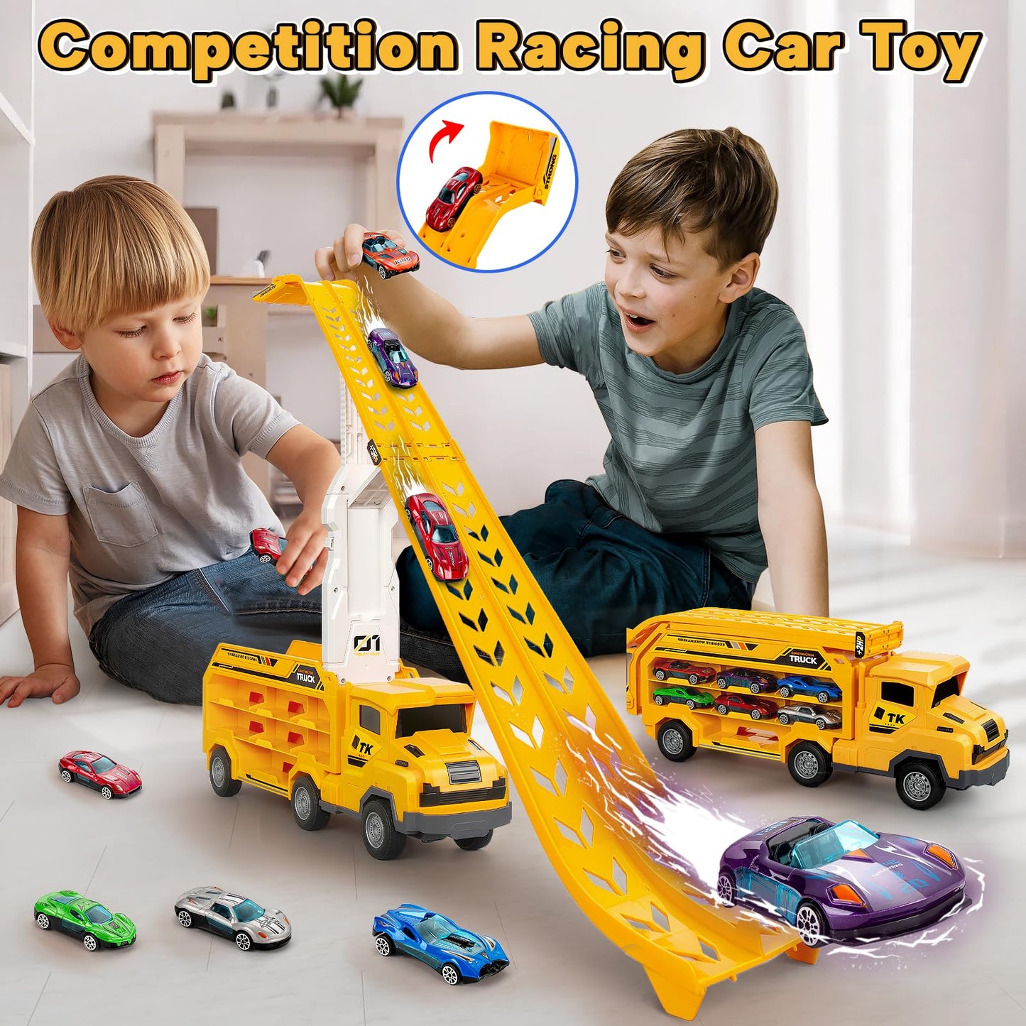 BSTOYDER Kids Carrier Truck with Foldable 2-Layer Race Track – 6 Cars, 46-Inch Track (Yellow)