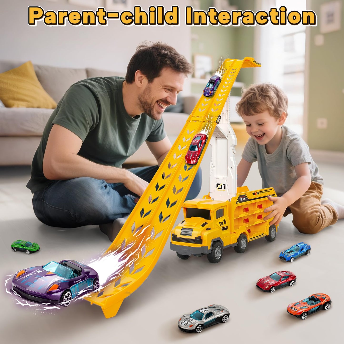 BSTOYDER Kids Carrier Truck with Foldable 2-Layer Race Track – 6 Cars, 46-Inch Track (Yellow)