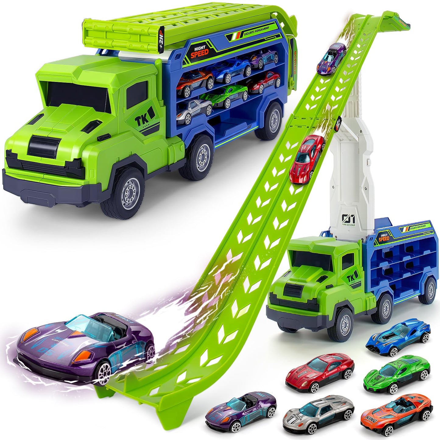 Bstoyder Car Carrier Truck Toy Set with Foldable Race Track & 6 Metal Cars