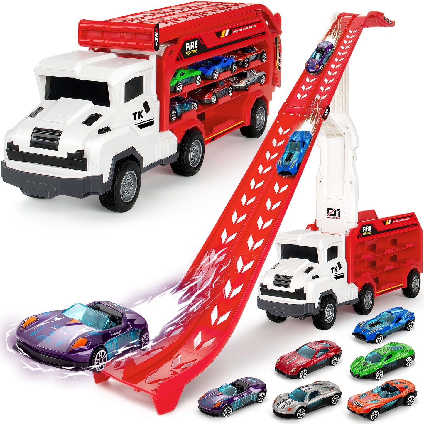 Bstoyder Carrier Truck Race Track Toy for Kids 3-8 | Foldable 2-Layer Playset with 25-In Race Track and 6 Metal Cars