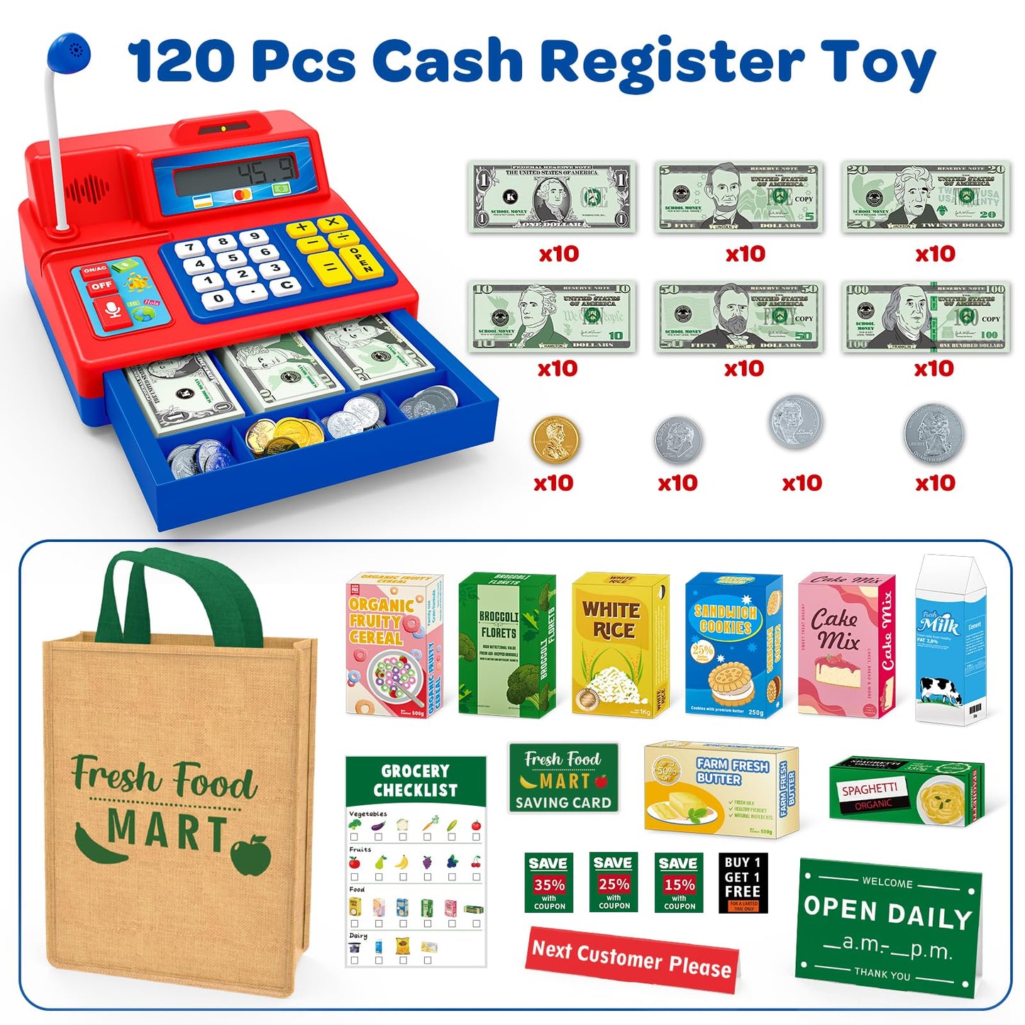 Bstoyder Calculator Cash Register Toy – 120-Piece Grocery Store Playset for Kids Aged 3-8