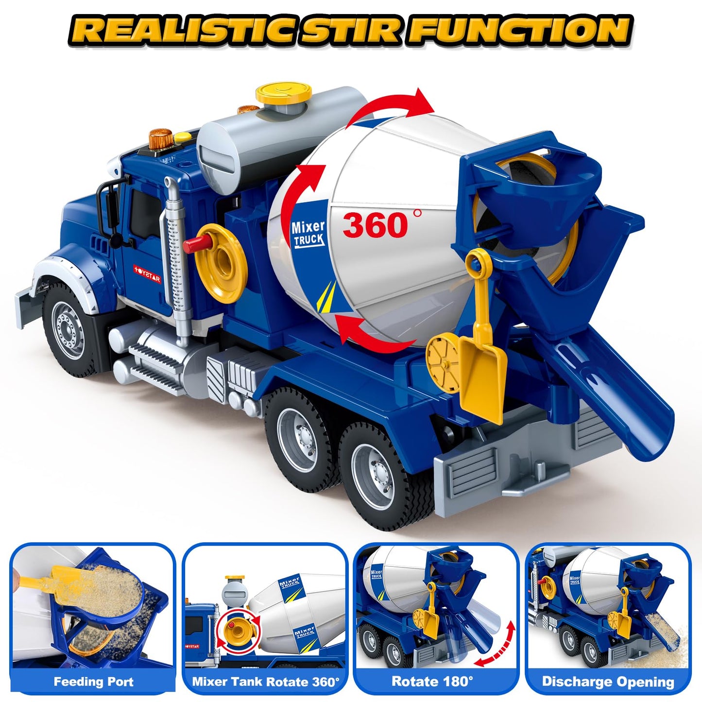 Bstoyder 15-Inch Cement Mixer Truck Toy with Lights & Sounds | Friction-Powered Vehicle for 3–8 Years