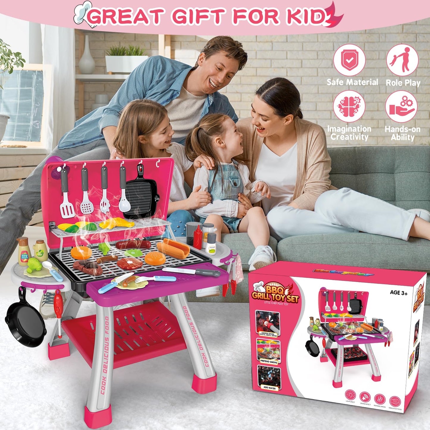 Bstoyder Kids Pink Grill Playset – 73-Piece BBQ Kitchen Toy with Smoke & Lights