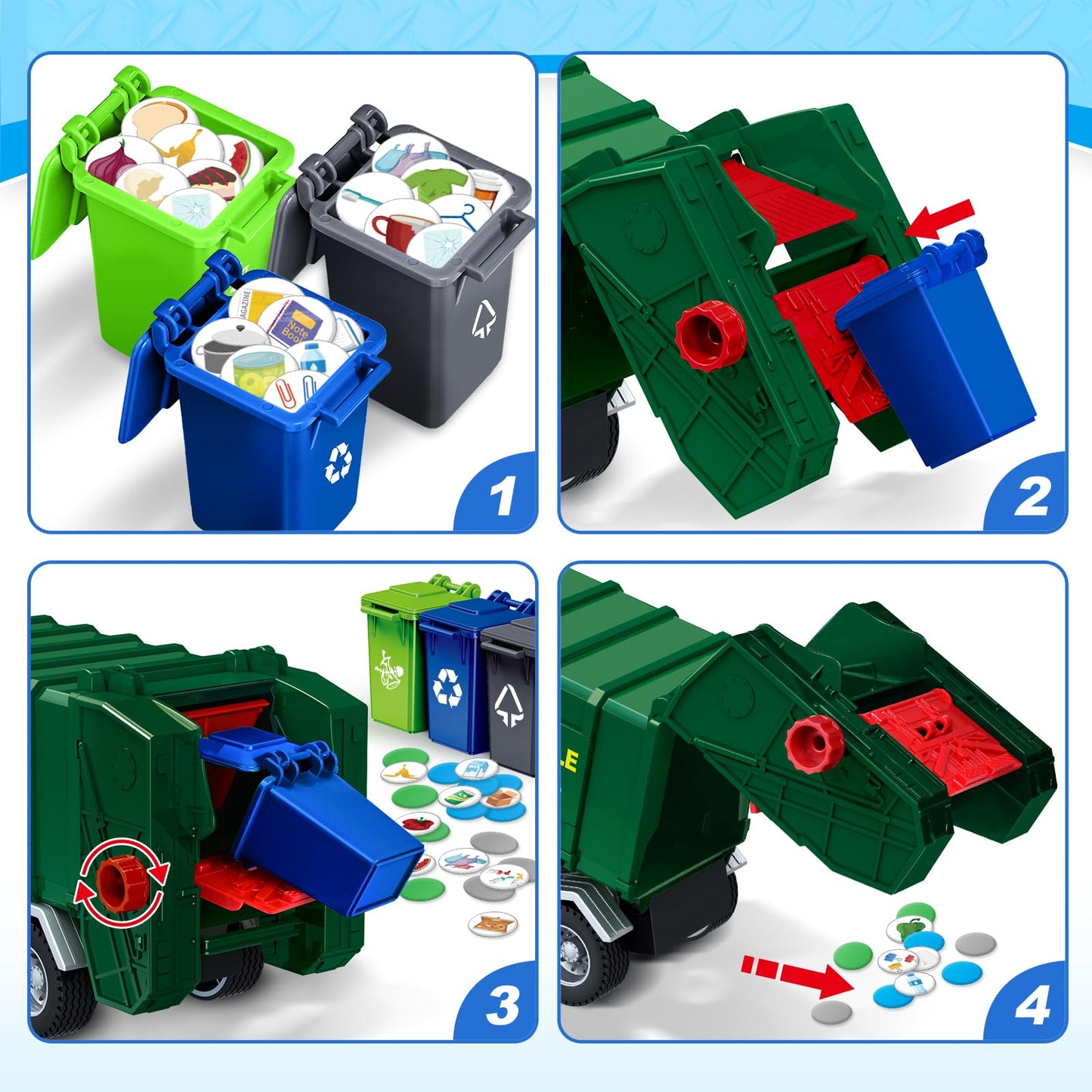 Bstoyder 15-Inch Friction Garbage Truck Toy with Lights & 3 Bins