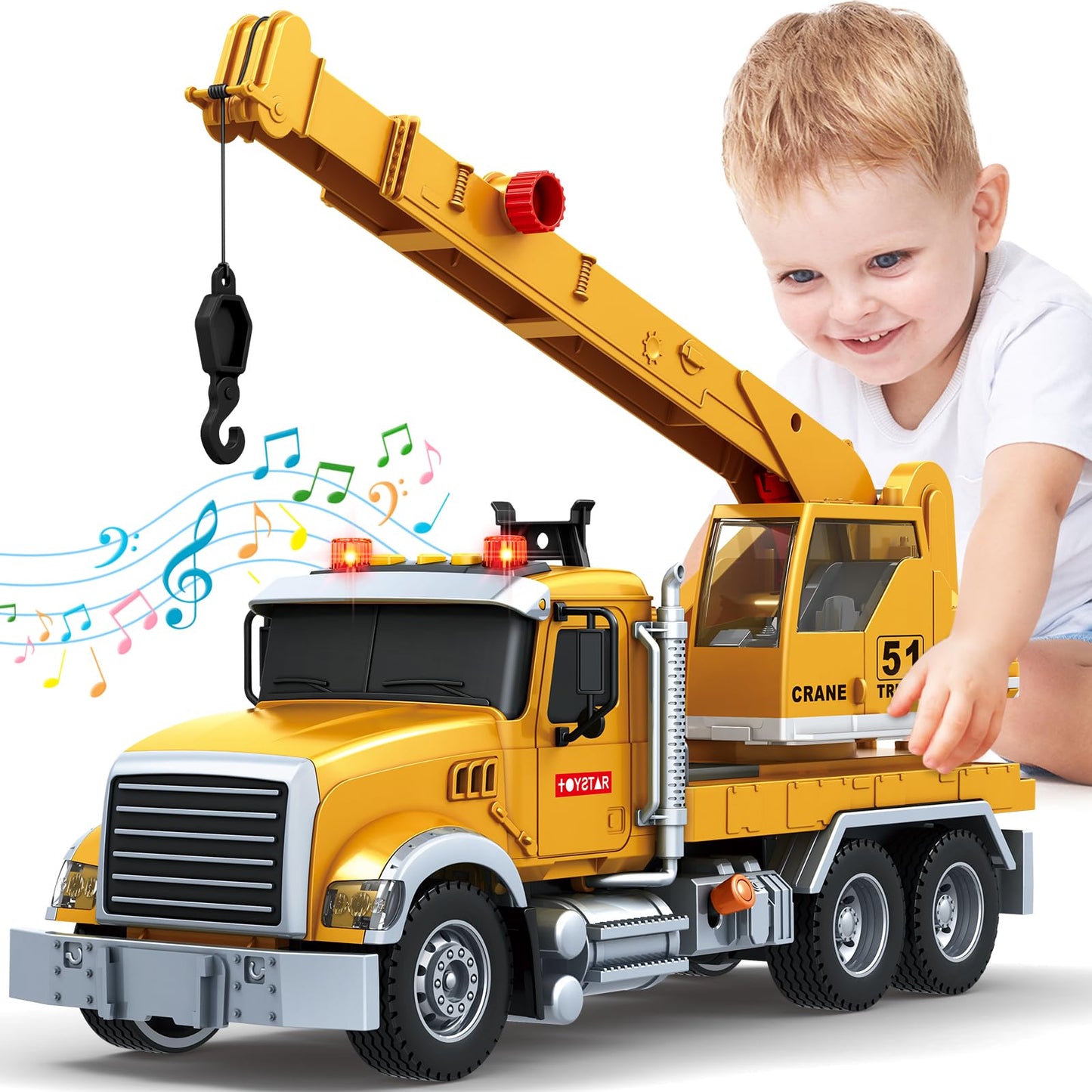 Bstoyder Crane Truck Toy with Lights & Sounds – Friction-Powered 14-Inch Vehicle for Kids 3-8