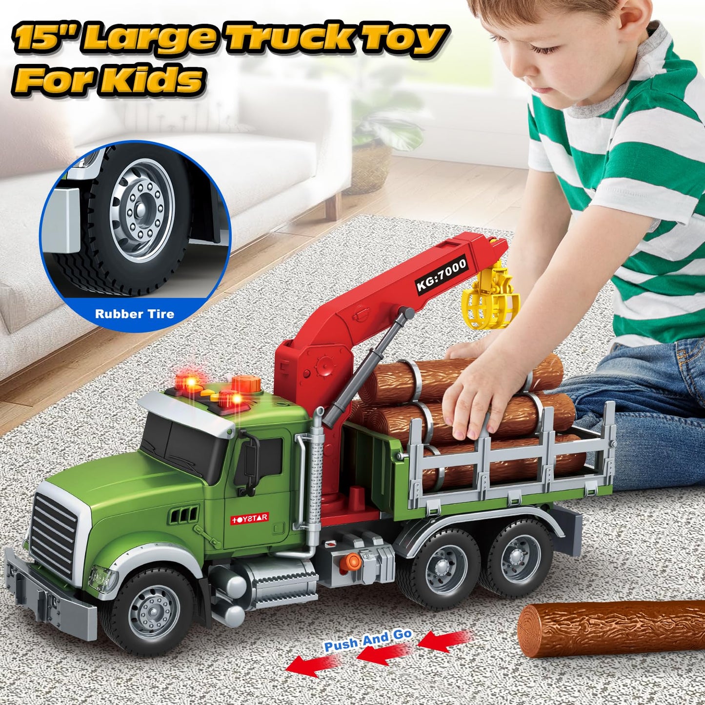 Bstoyder Farm Logging Truck Toy with Crane & Lights – 15-inch Friction-Powered Vehicle