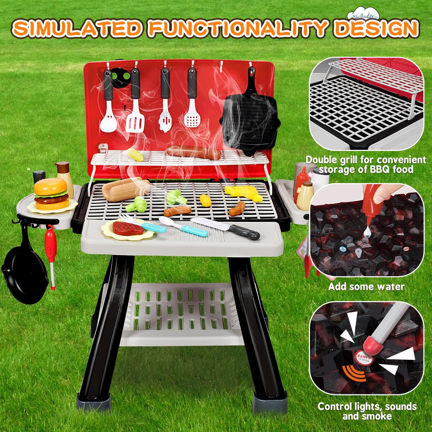 BSTOYDER Kids Play Kitchen Grill Set – 2-Layer BBQ with Smoke, Sound & Light (Ages 3-5)