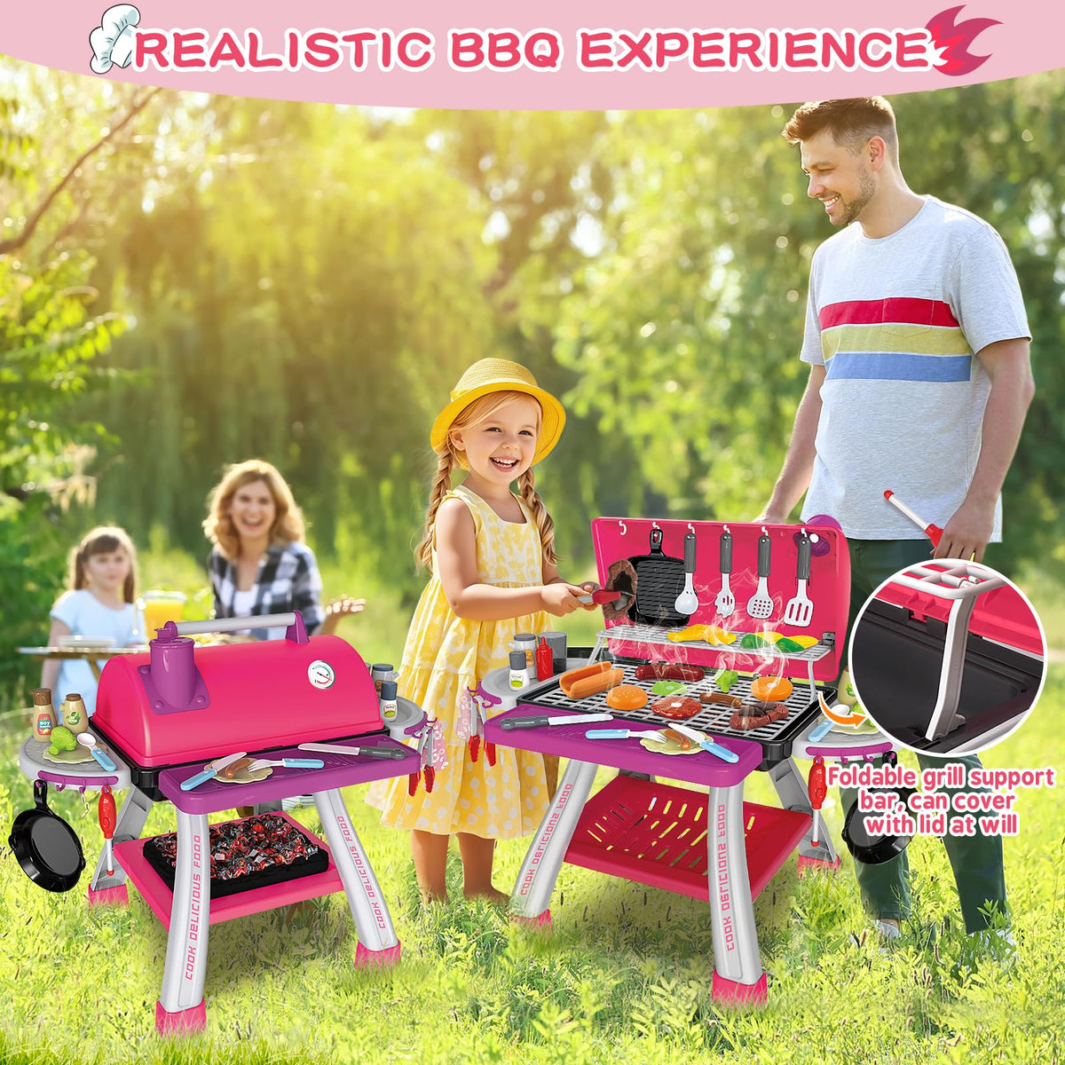 Bstoyder Kids Pink Grill Playset – 73-Piece BBQ Kitchen Toy with Smoke & Lights