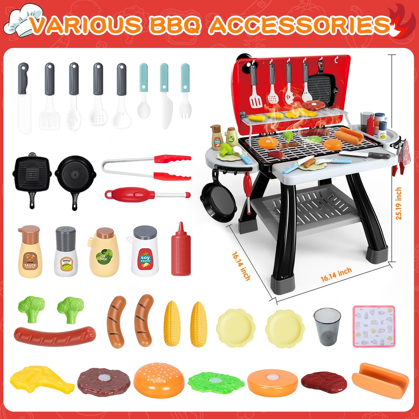 BSTOYDER Kids Play Kitchen Grill Set – 2-Layer BBQ with Smoke, Sound & Light (Ages 3-5)