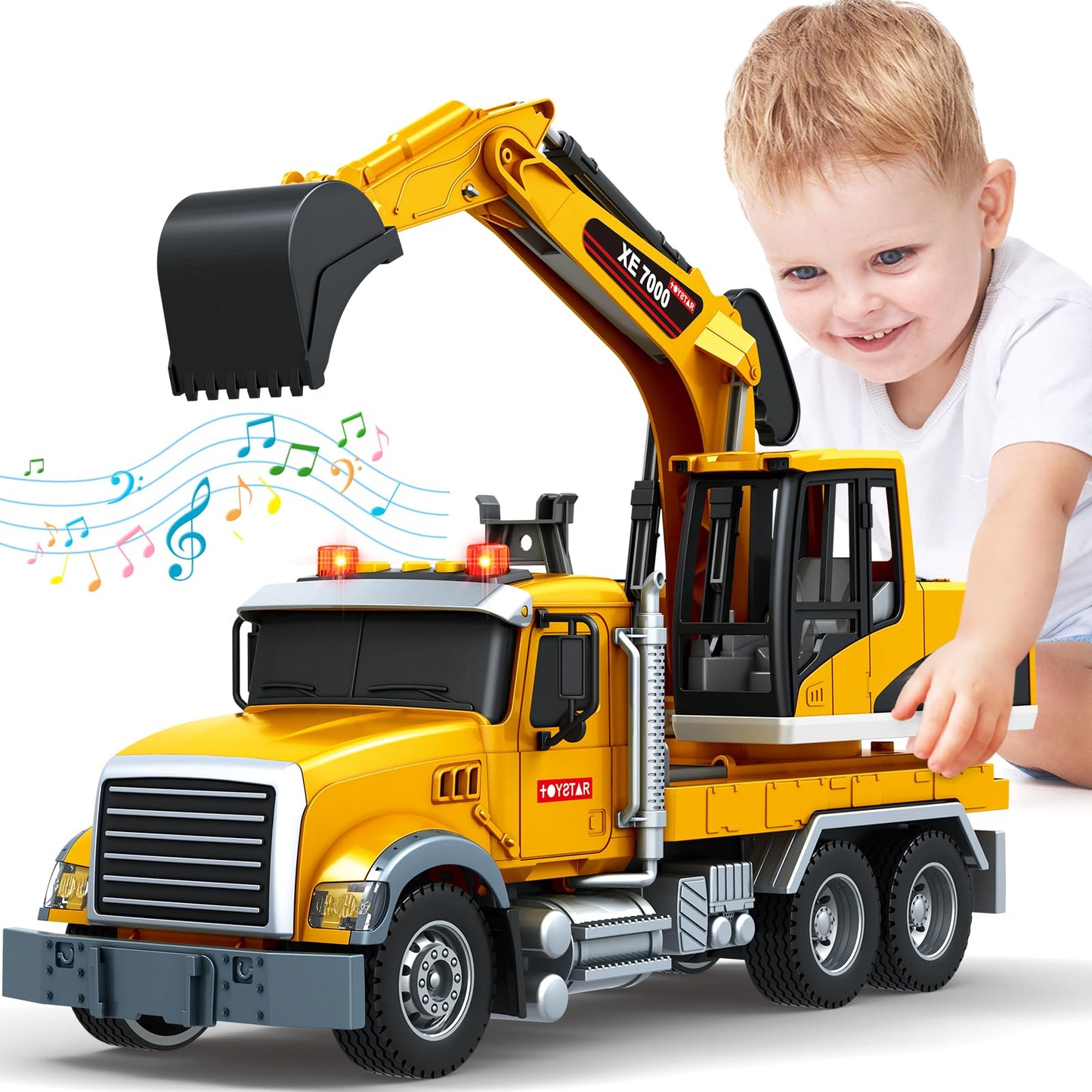 Bstoyder Large Excavator Truck Toy with Lights & Sounds | Friction-Powered for Kids 3–8