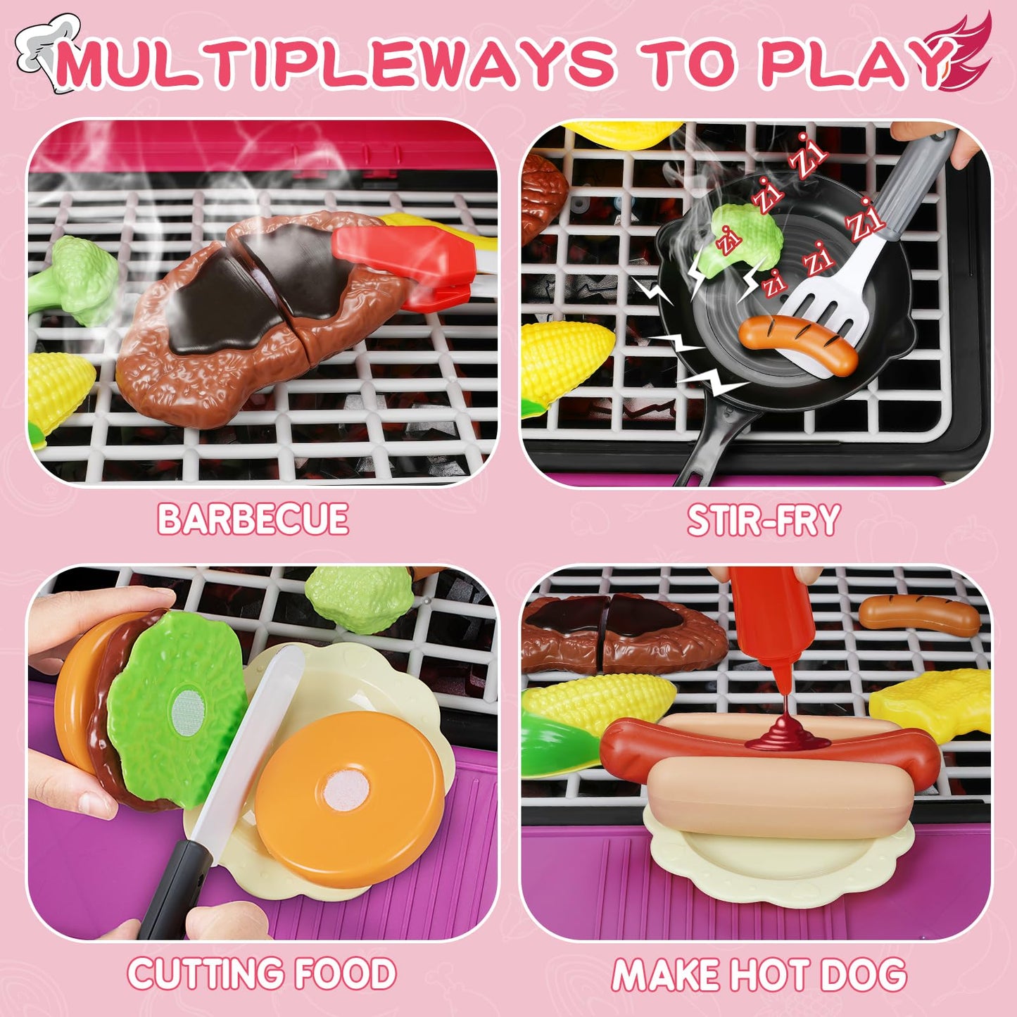 Bstoyder Kids Pink Grill Playset – 73-Piece BBQ Kitchen Toy with Smoke & Lights