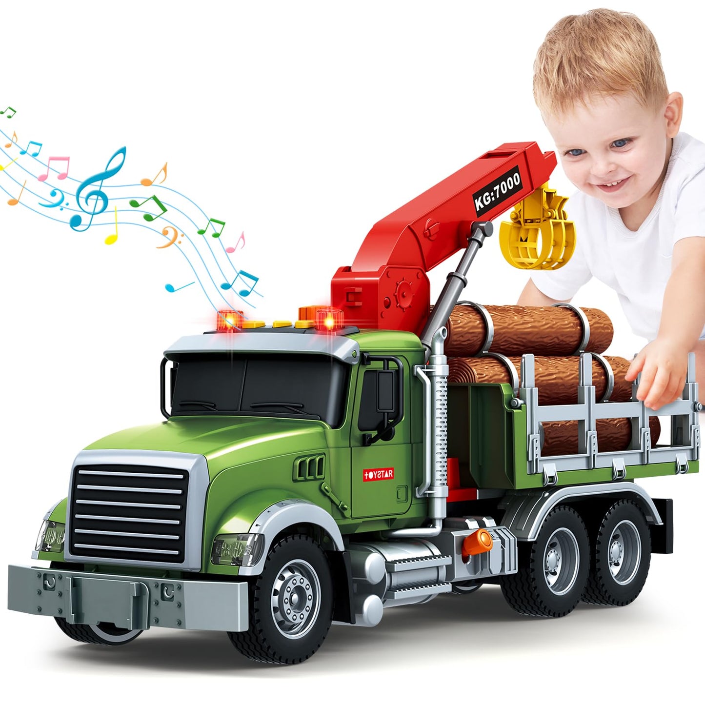 Bstoyder Farm Logging Truck Toy with Crane & Lights – 15-inch Friction-Powered Vehicle