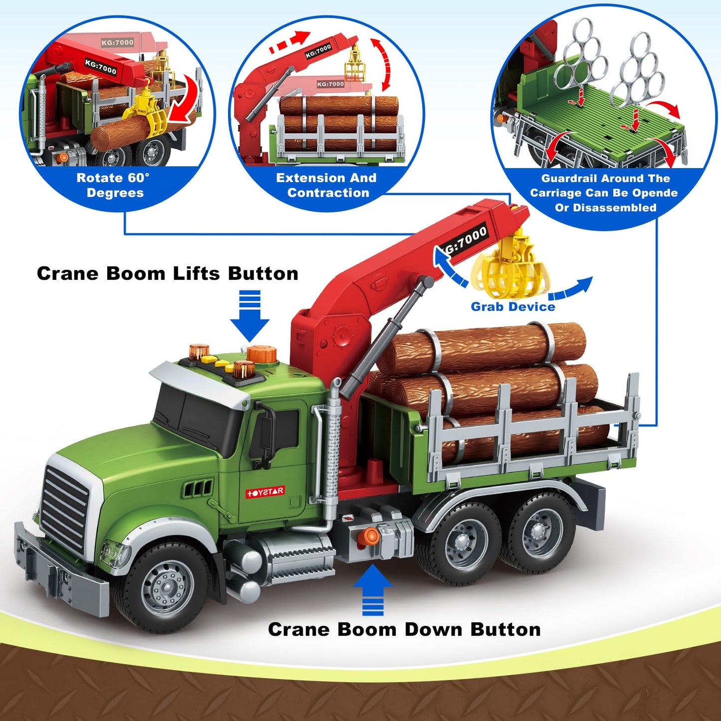Bstoyder Farm Logging Truck Toy with Crane & Lights – 15-inch Friction-Powered Vehicle