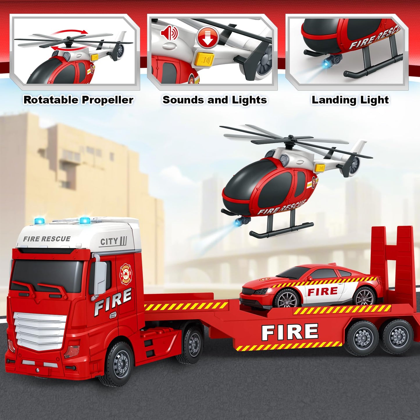 Bstoyder 25-Inch 3-in-1 Fire Truck Toy with Helicopter & Racing Car