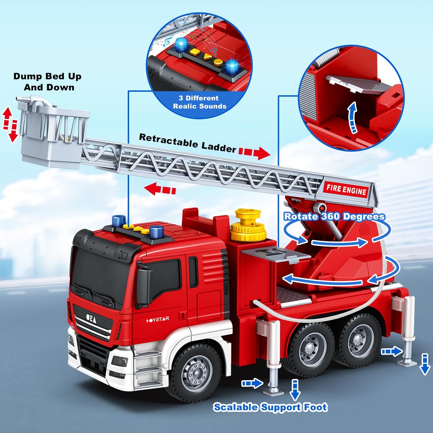 Bstoyder Fire Truck Toy - Friction-Powered 12-Inch Rescue Vehicle with Lights, Water Pump & Extendable Ladder (Ages 3-8)