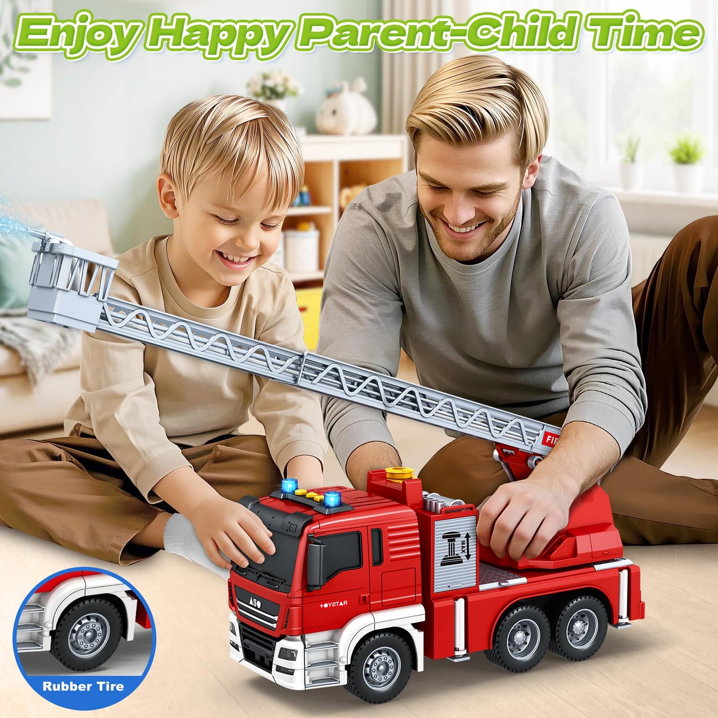 Bstoyder Fire Truck Toy - Friction-Powered 12-Inch Rescue Vehicle with Lights, Water Pump & Extendable Ladder (Ages 3-8)