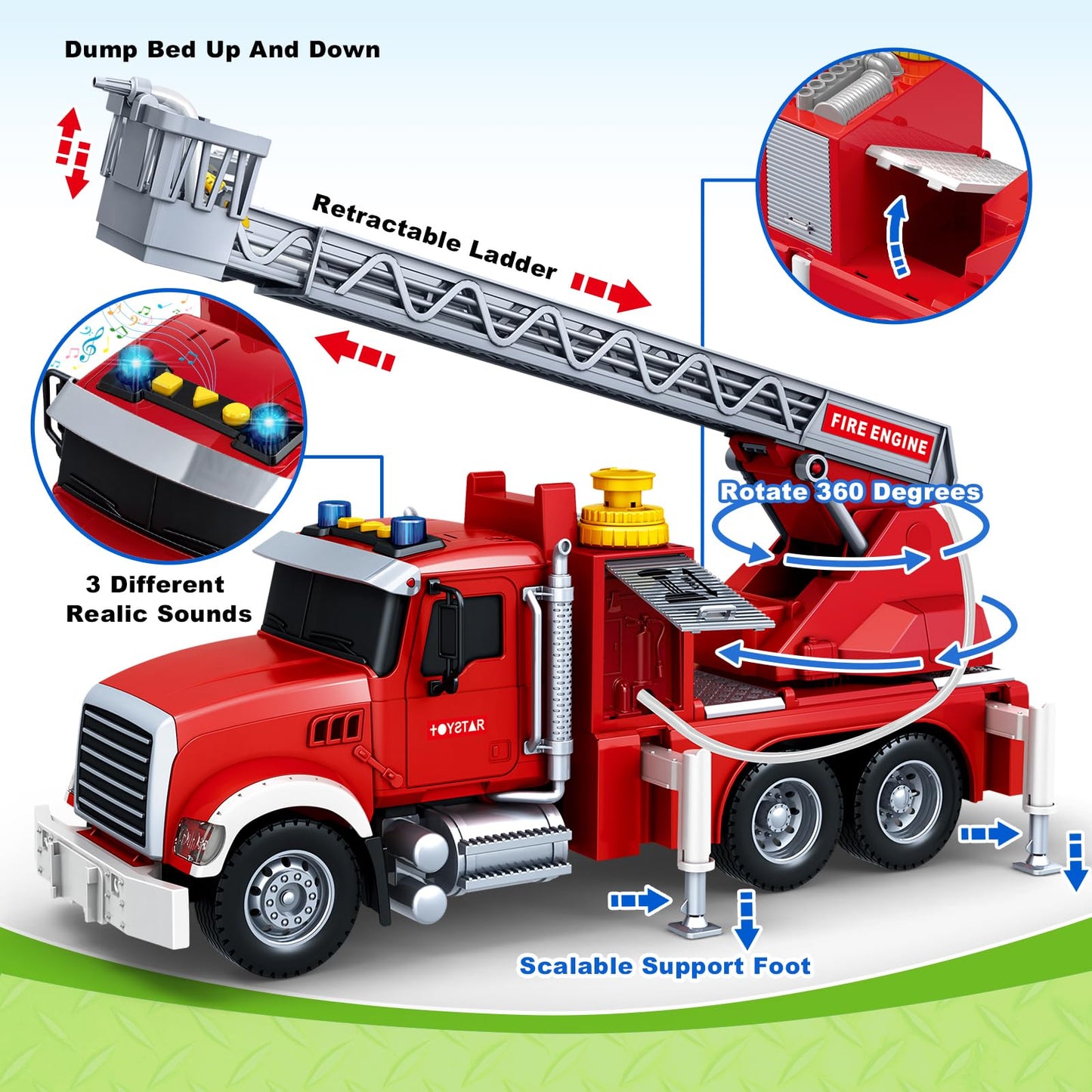 Bstoyder 15-Inch Friction Fire Truck Toy with Water Pump, Lights & Sirens