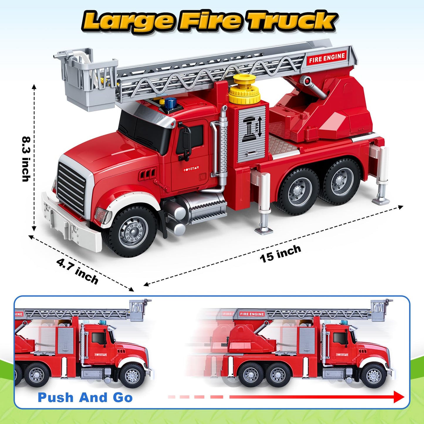 Bstoyder 15-Inch Friction Fire Truck Toy with Water Pump, Lights & Sirens