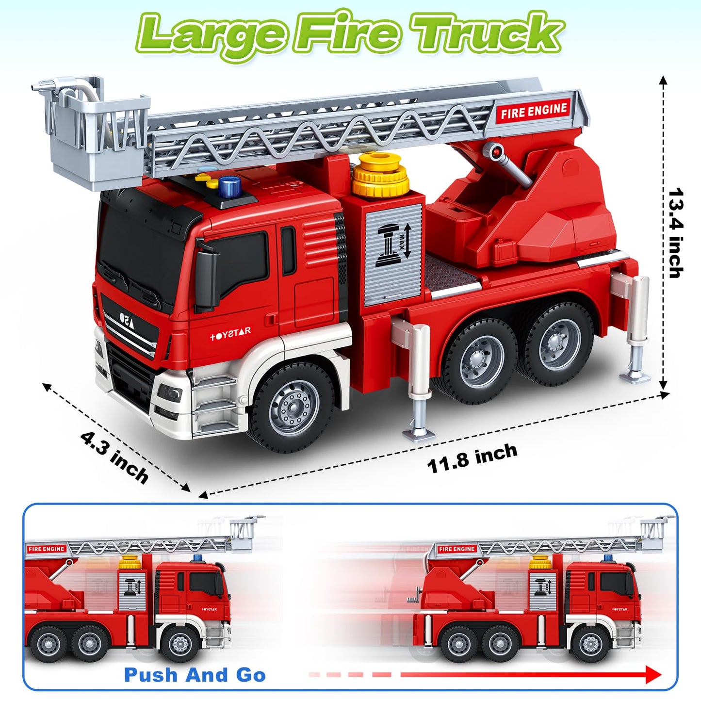 Bstoyder Fire Truck Toy - Friction-Powered 12-Inch Rescue Vehicle with Lights, Water Pump & Extendable Ladder (Ages 3-8)