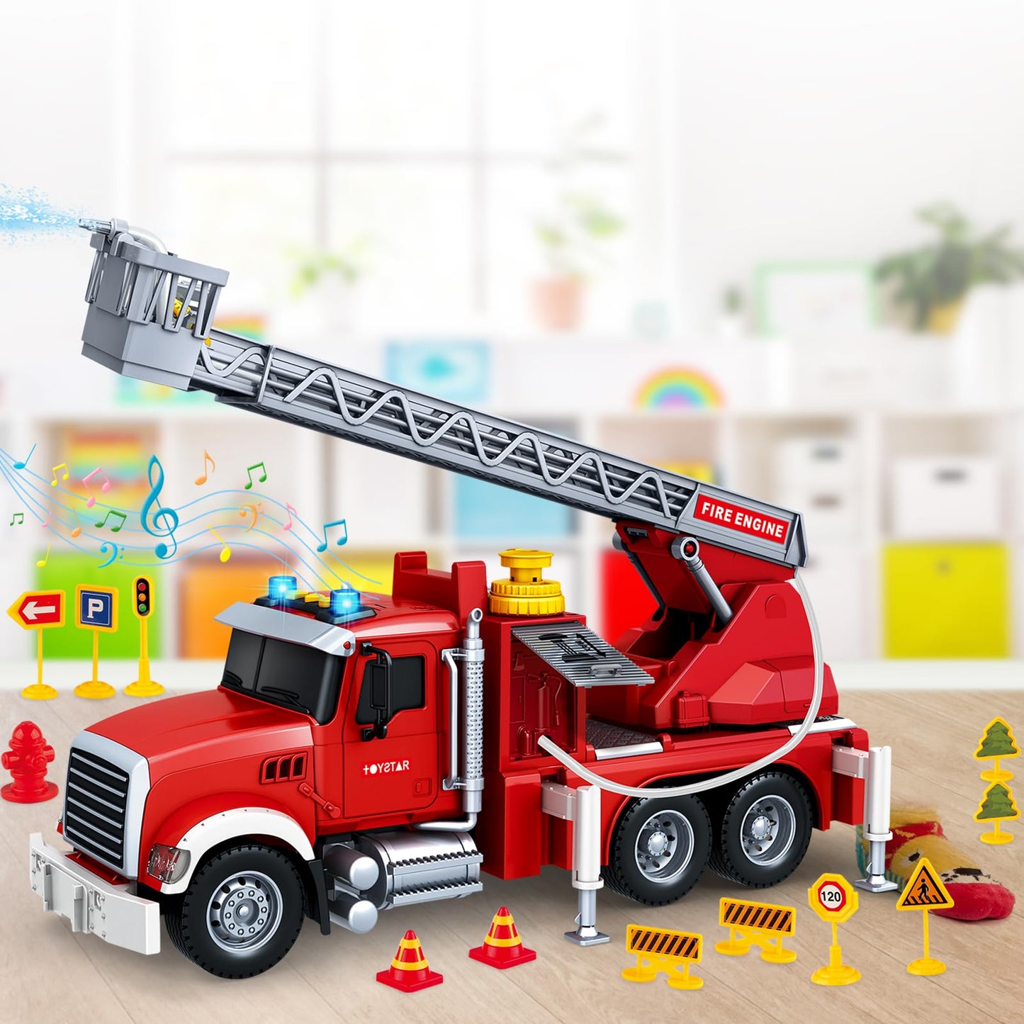 Bstoyder 15-Inch Friction Fire Truck Toy with Water Pump, Lights & Sirens