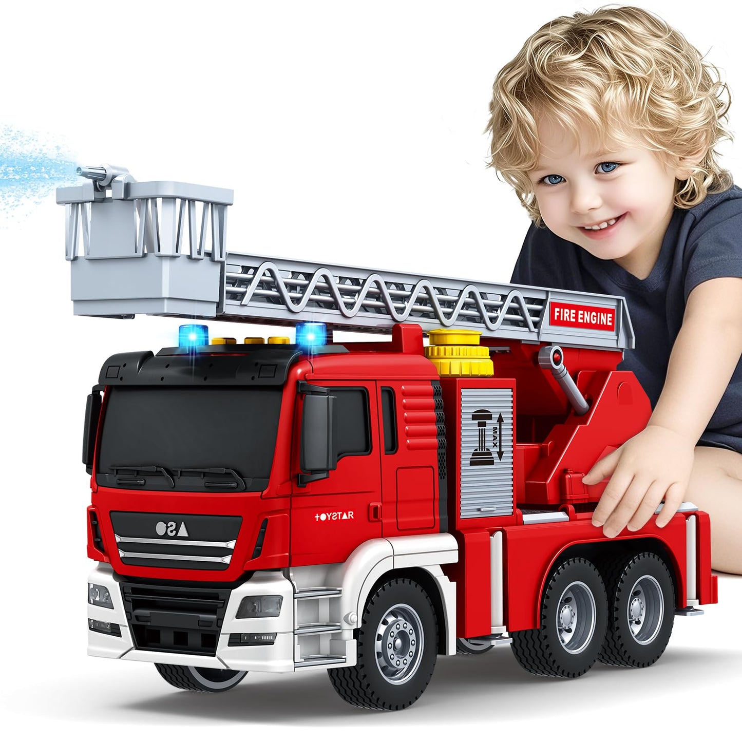 Bstoyder Fire Truck Toy - Friction-Powered 12-Inch Rescue Vehicle with Lights, Water Pump & Extendable Ladder (Ages 3-8)