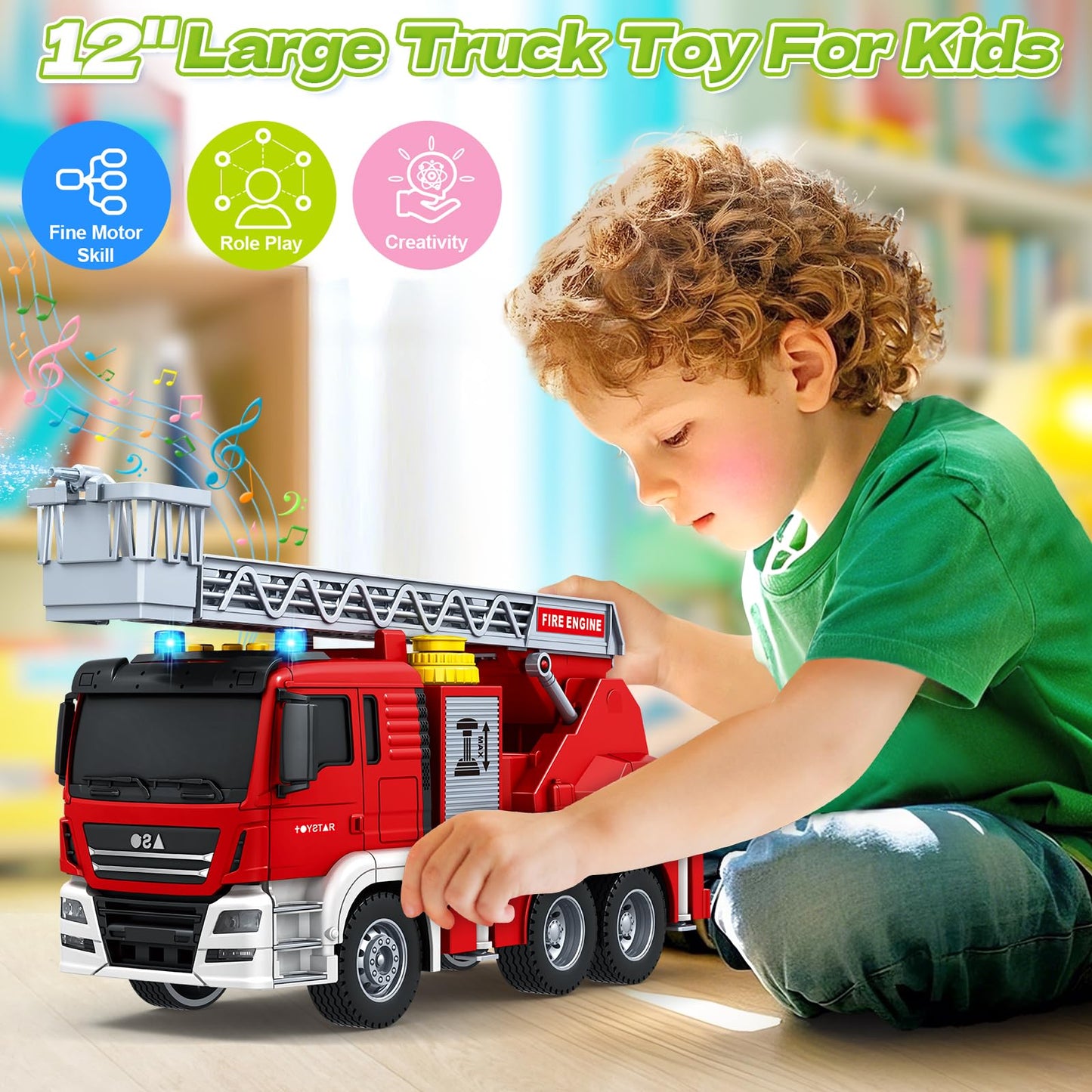 Bstoyder Fire Truck Toy - Friction-Powered 12-Inch Rescue Vehicle with Lights, Water Pump & Extendable Ladder (Ages 3-8)