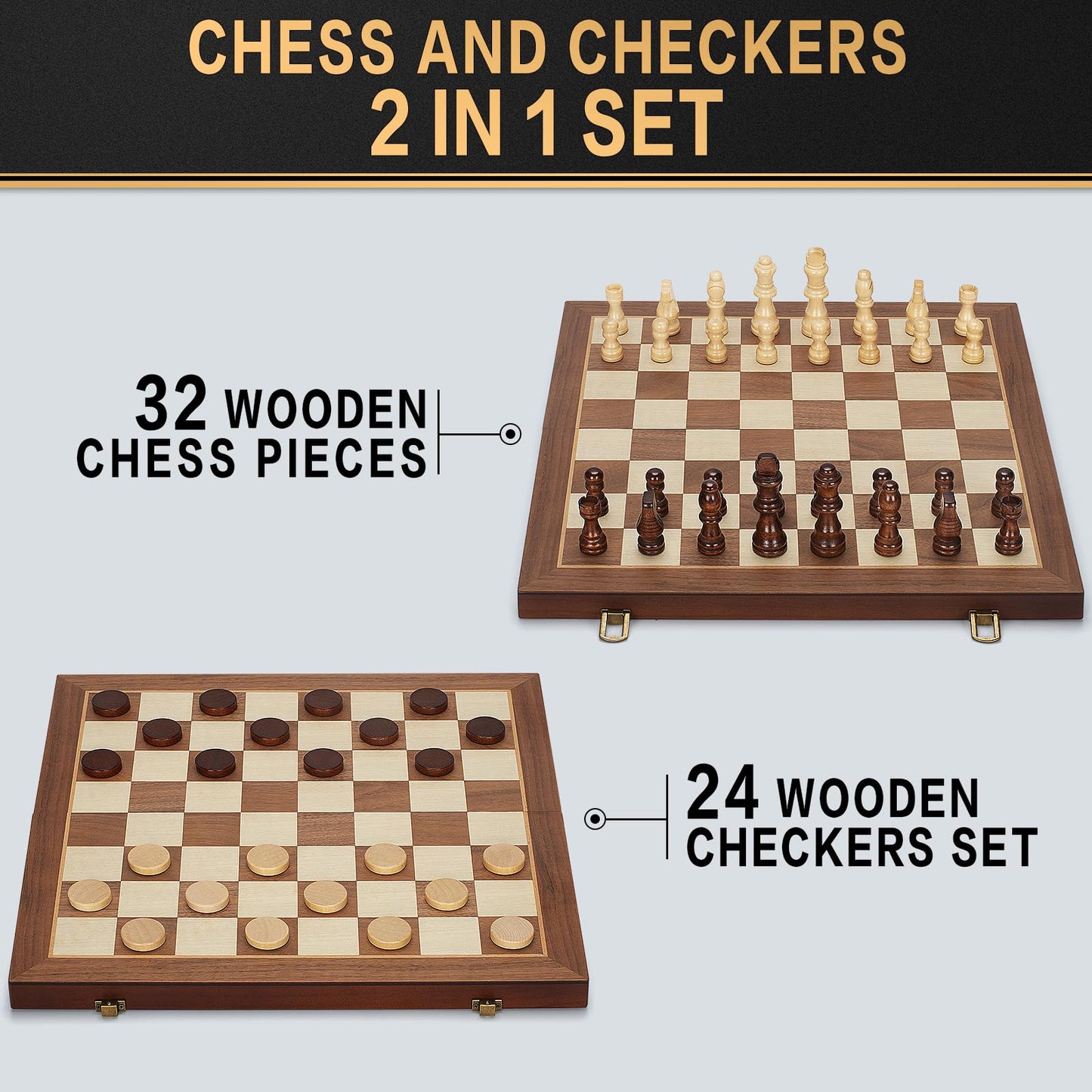 BSTOYDER 2-in-1 Magnetic Wooden Chess & Checkers Set – 15-inch Folding Travel Board with 2 Extra Queens