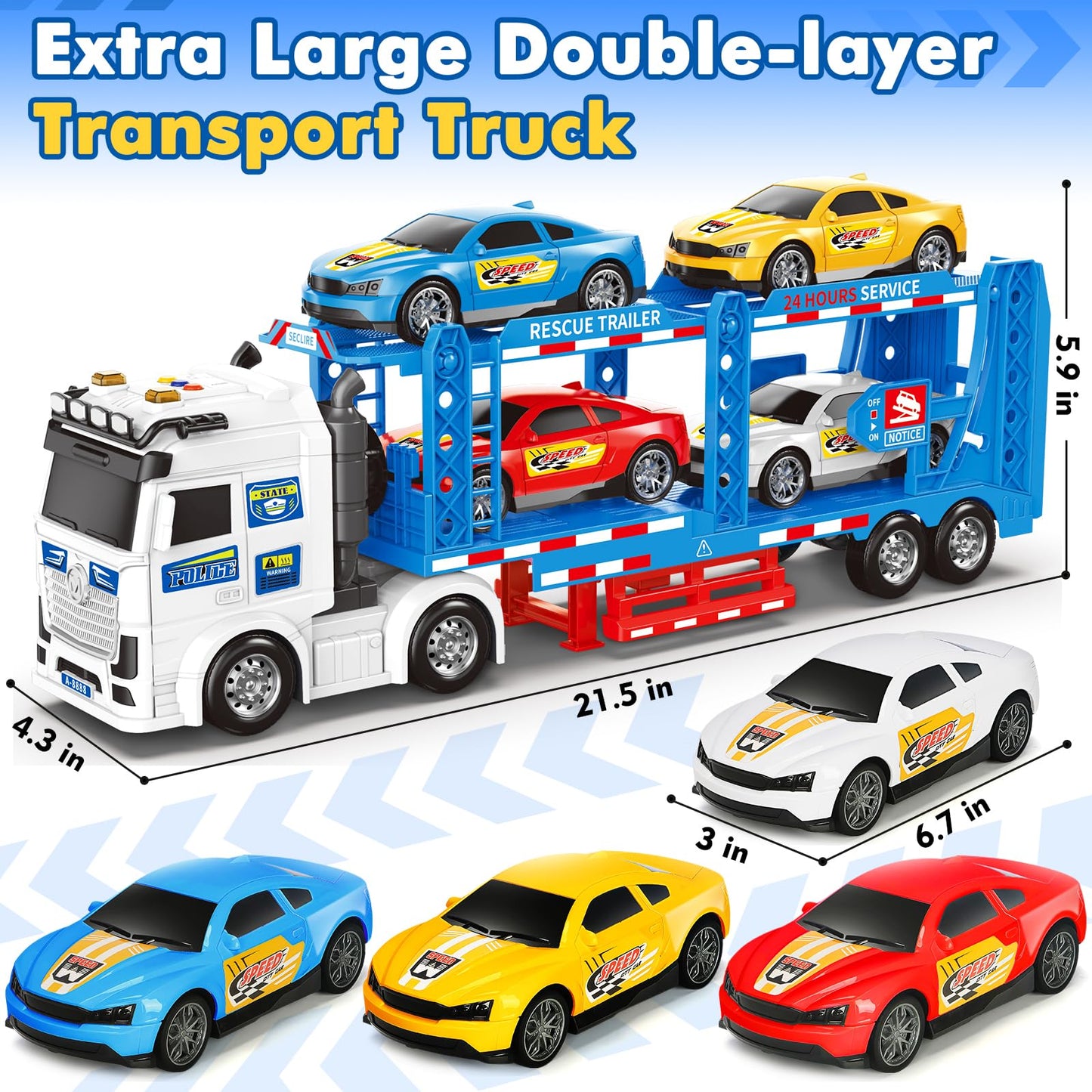 Bstoyder Toddler Truck Set — 21-Inch Carrier Truck with 4 Racing Cars, Lights & Sounds