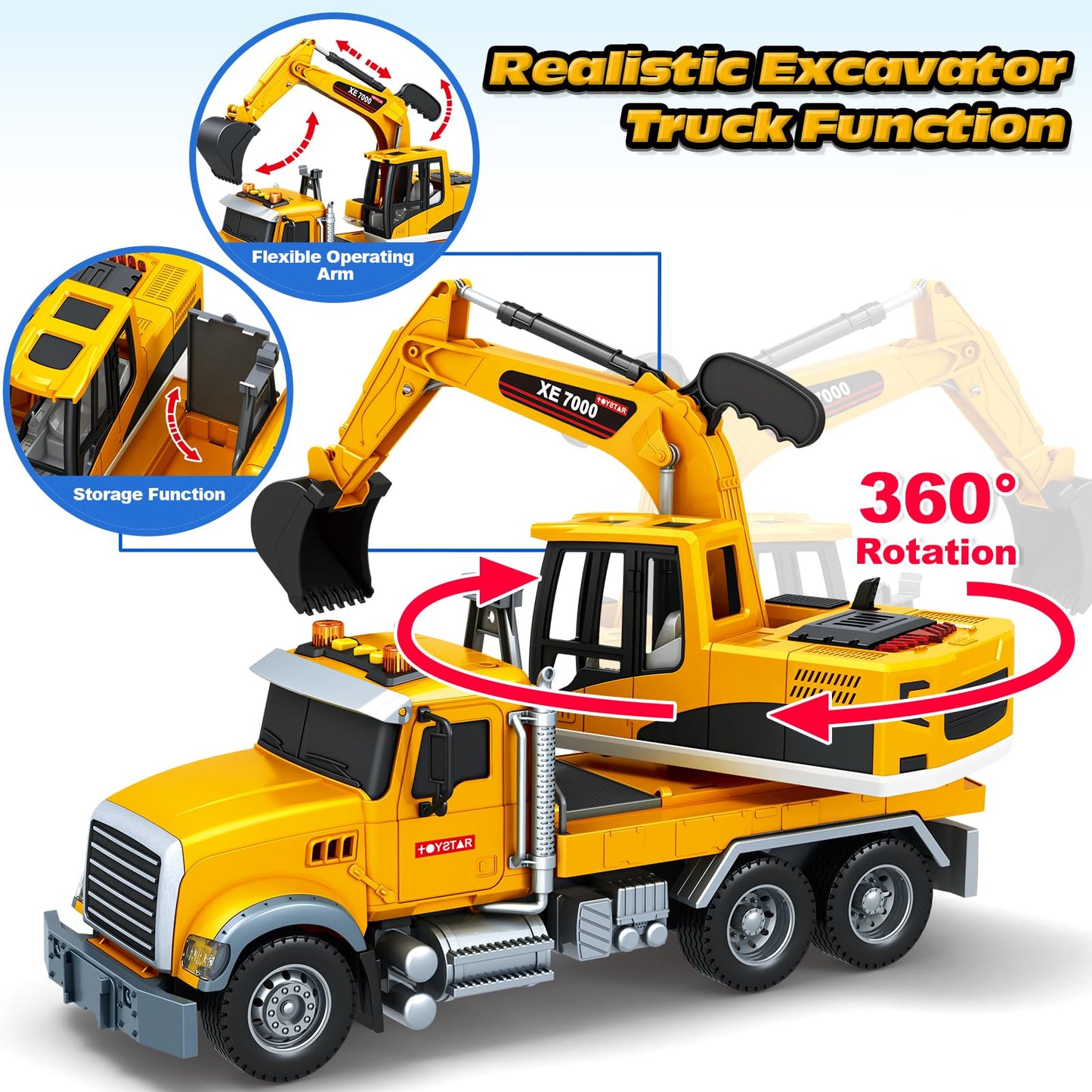 Bstoyder Large Excavator Truck Toy with Lights & Sounds | Friction-Powered for Kids 3–8