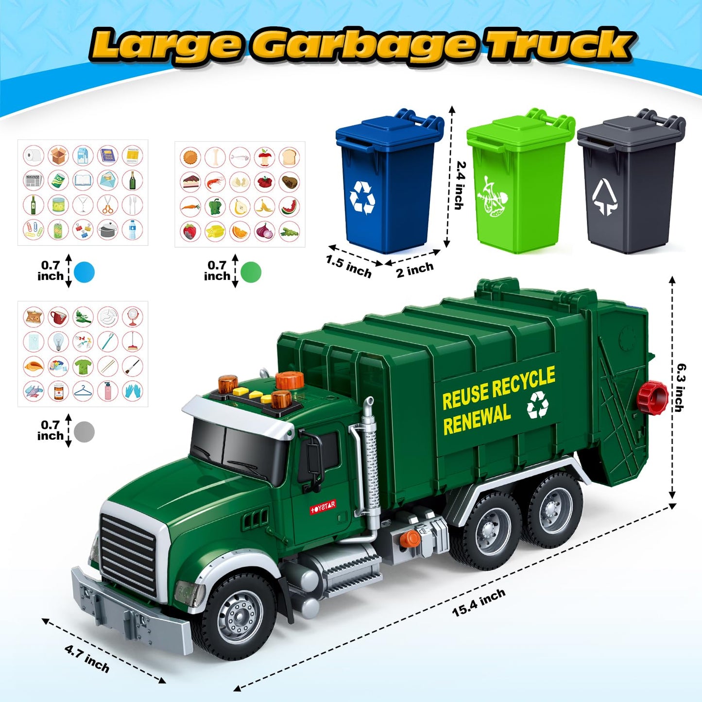 Bstoyder 15-Inch Friction Garbage Truck Toy with Lights & 3 Bins