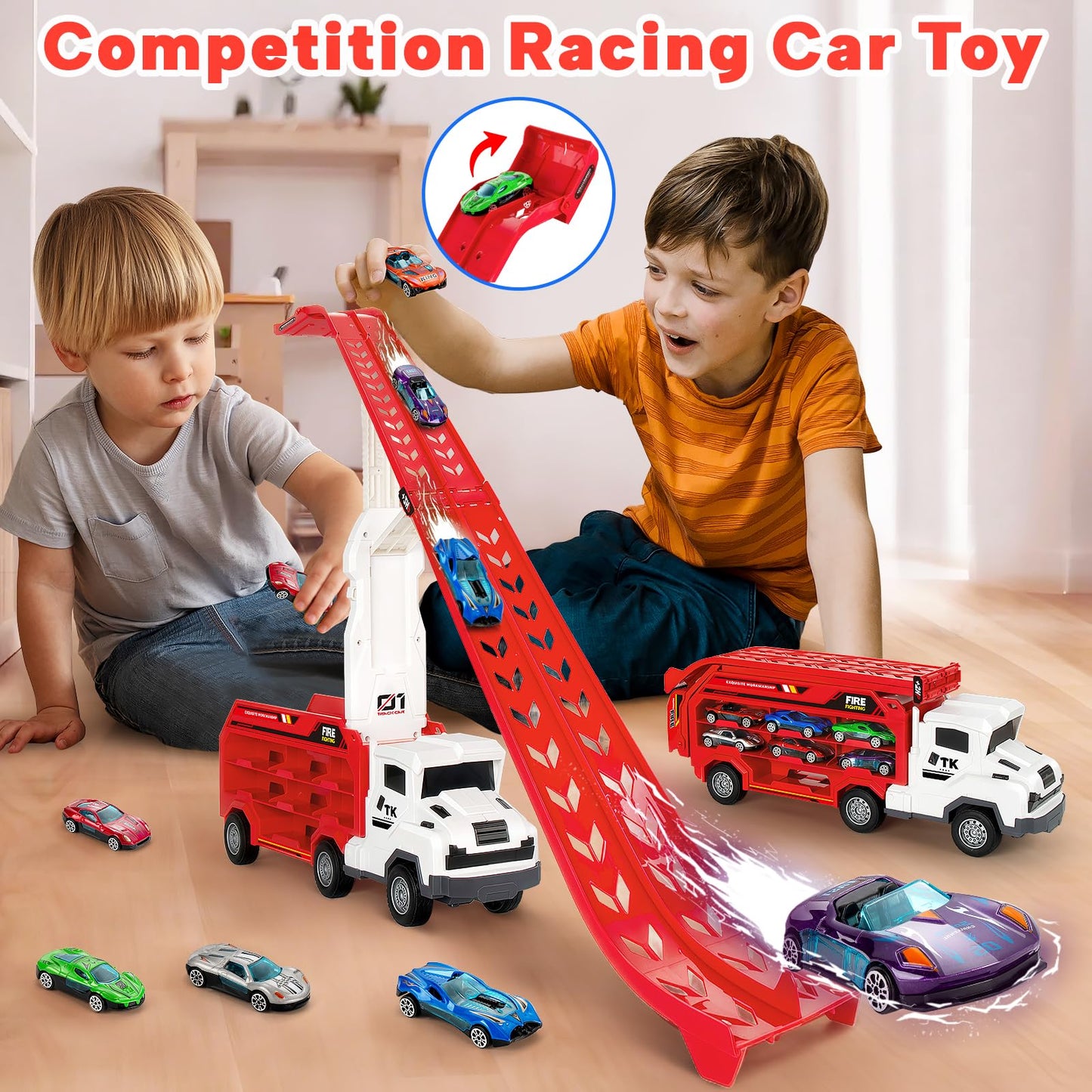 Bstoyder Carrier Truck Race Track Toy for Kids 3-8 | Foldable 2-Layer Playset with 25-In Race Track and 6 Metal Cars