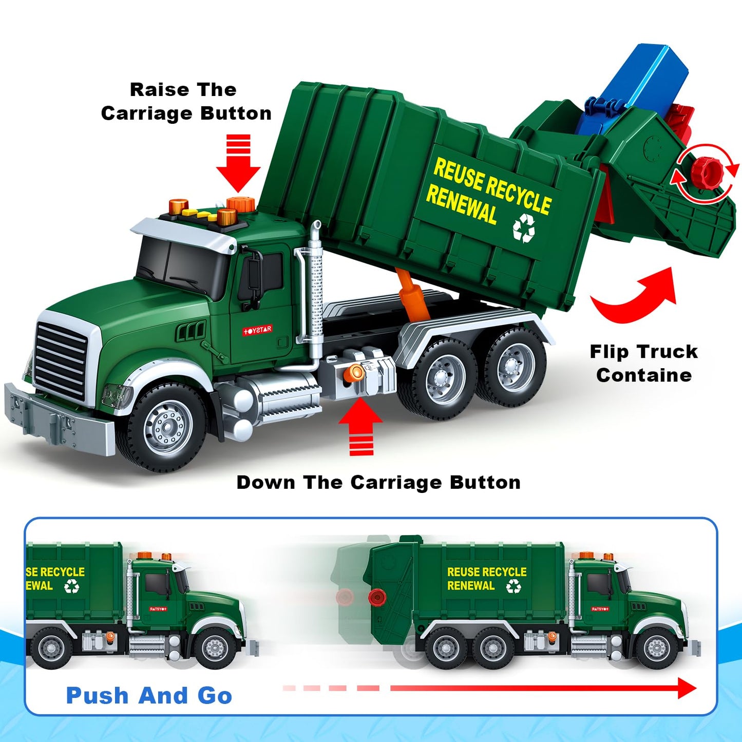 Bstoyder 15-Inch Friction Garbage Truck Toy with Lights & 3 Bins