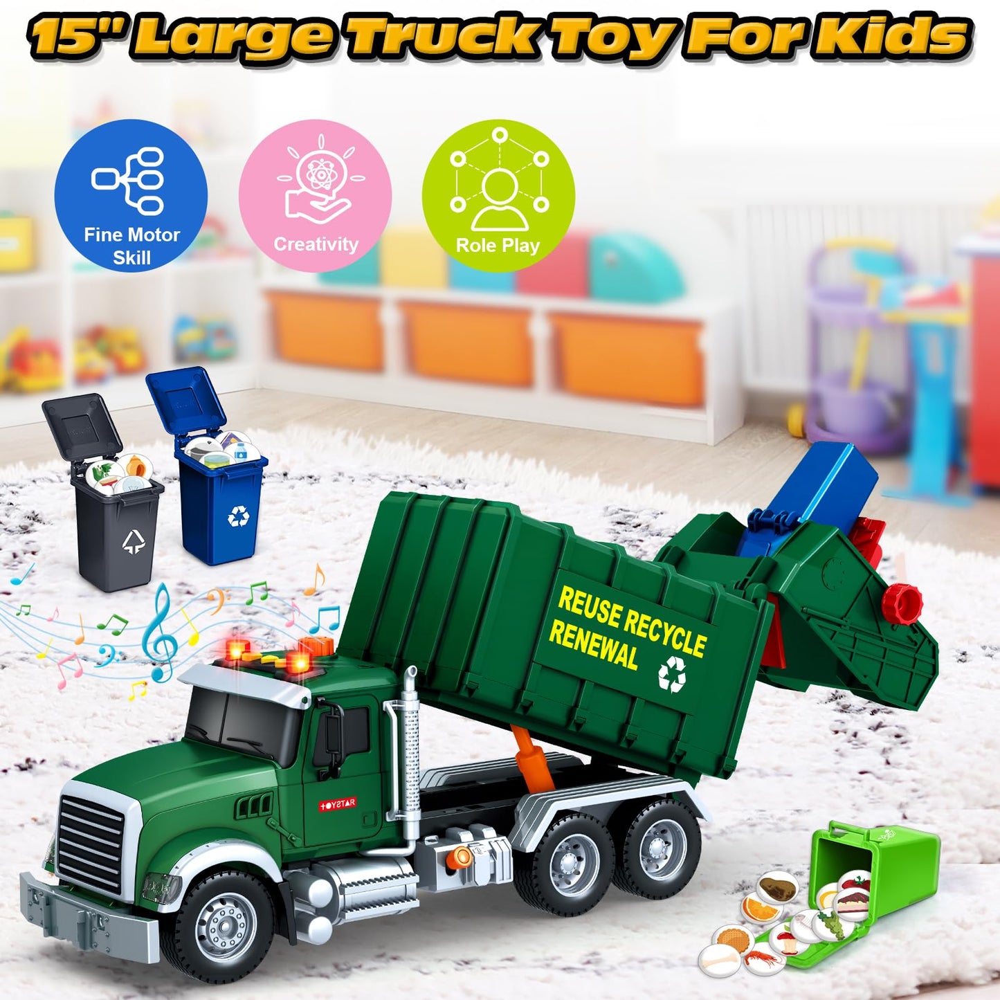 Bstoyder 15-Inch Friction Garbage Truck Toy with Lights & 3 Bins