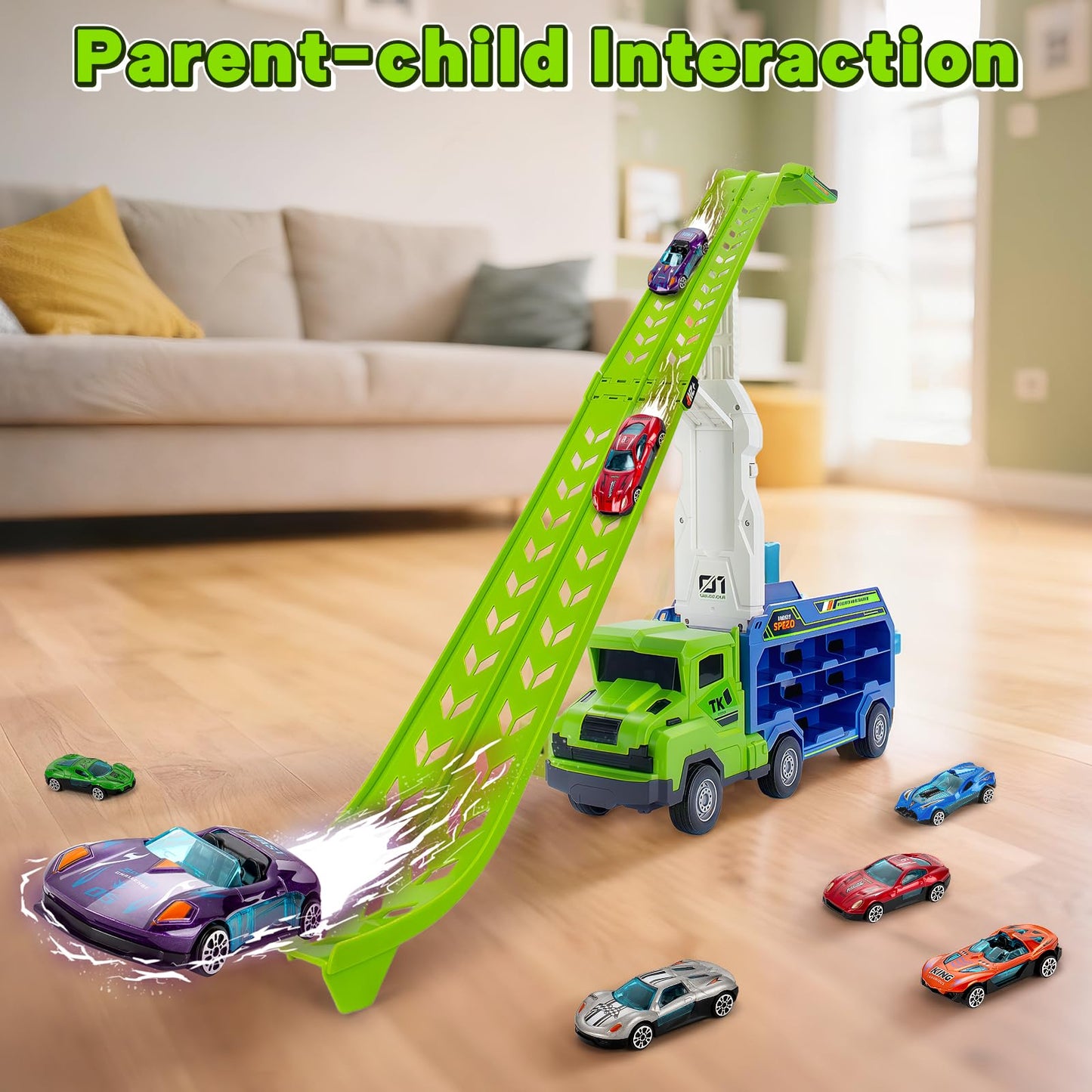 Bstoyder Car Carrier Truck Toy Set with Foldable Race Track & 6 Metal Cars