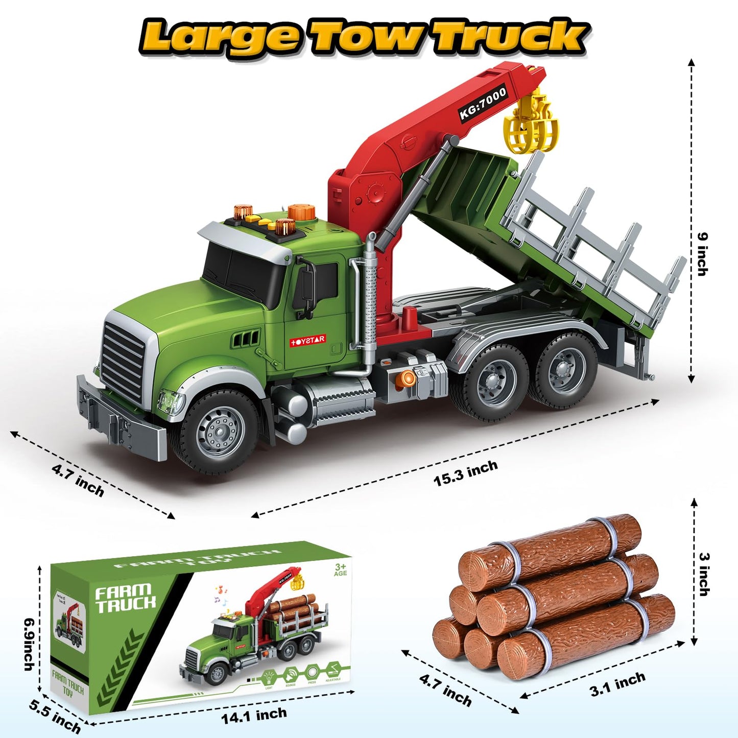 Bstoyder Farm Logging Truck Toy with Crane & Lights – 15-inch Friction-Powered Vehicle
