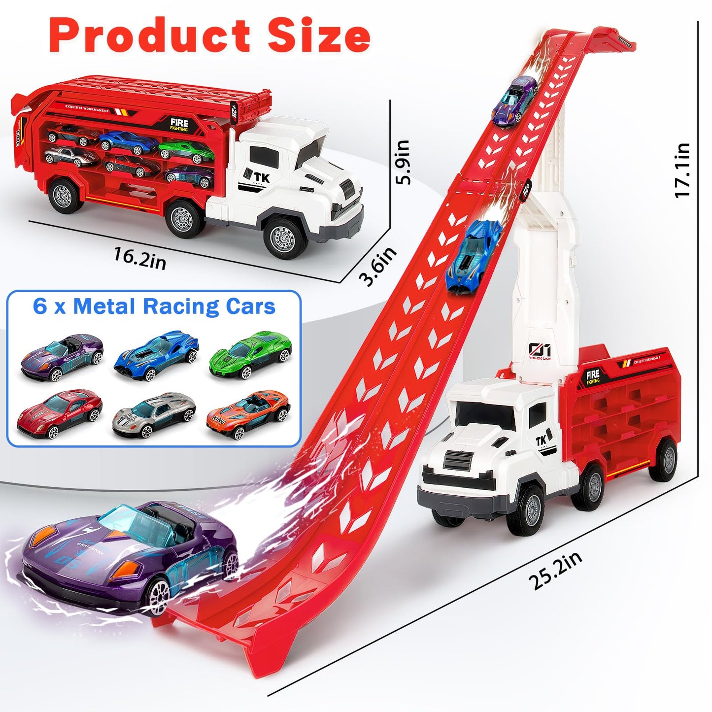 Bstoyder Carrier Truck Race Track Toy for Kids 3-8 | Foldable 2-Layer Playset with 25-In Race Track and 6 Metal Cars