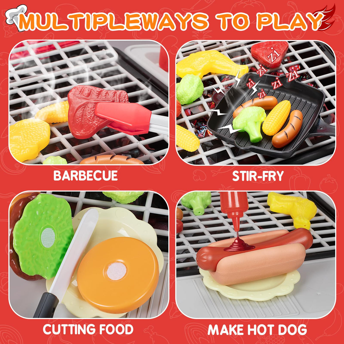 BSTOYDER Kids Play Kitchen Grill Set – 2-Layer BBQ with Smoke, Sound & Light (Ages 3-5)